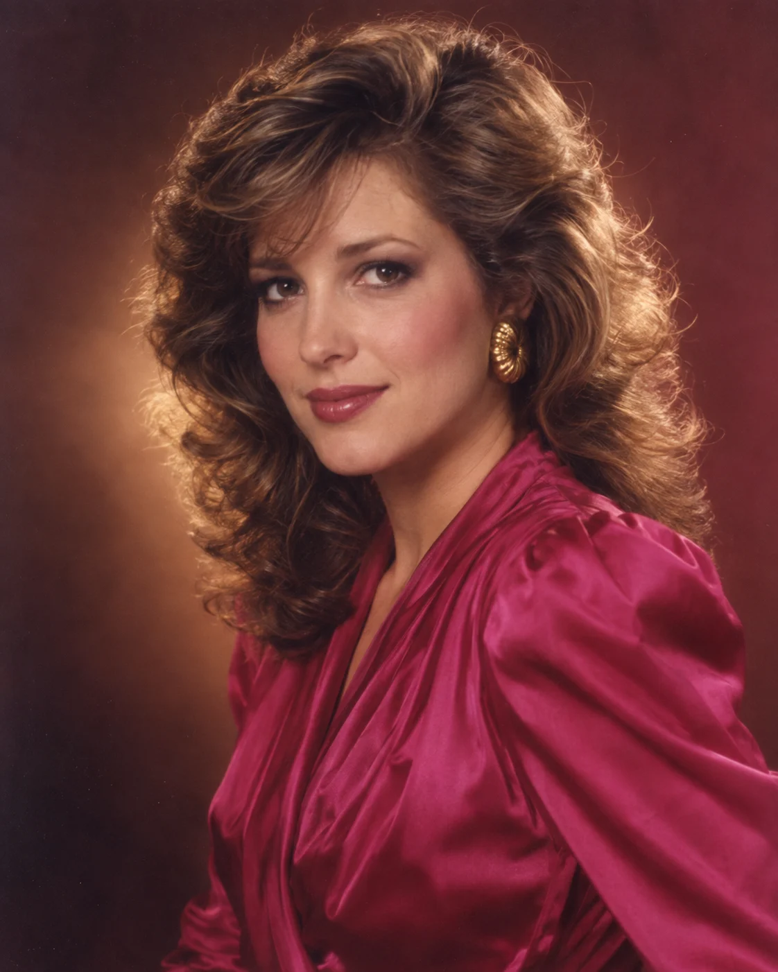 Woman with voluminous curled hair wearing a magenta satin blouse and gold earrings in a warm studio portrait