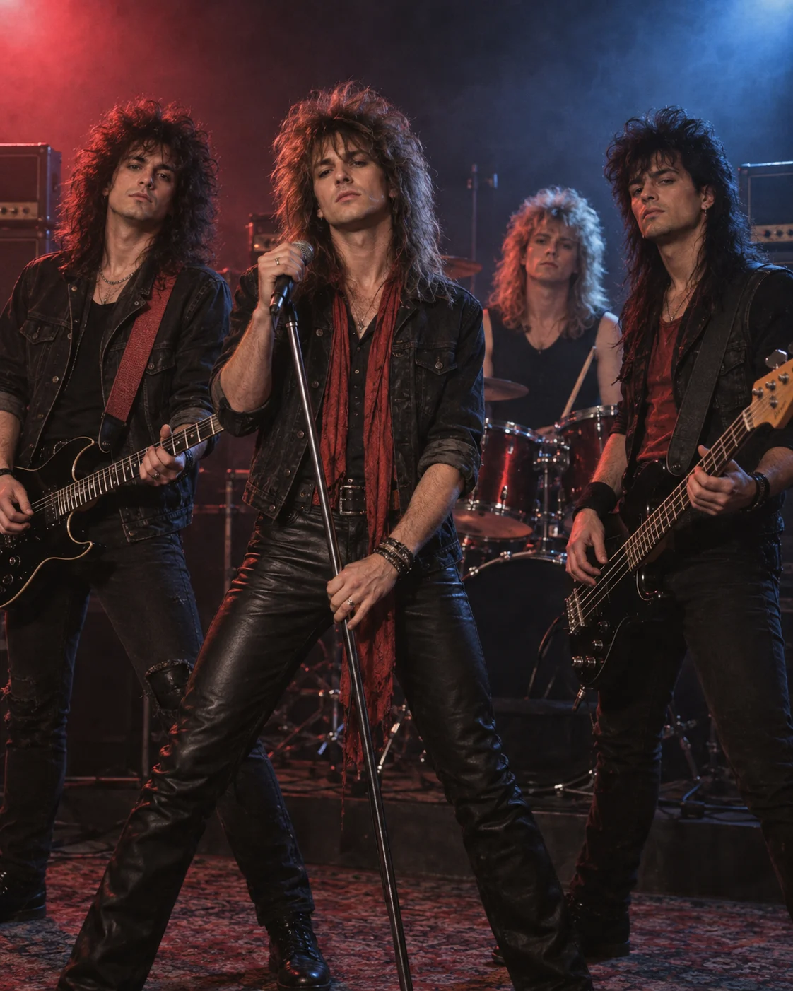 Four-member rock band in black leather performing with microphone, guitars, and drums under red and blue lights