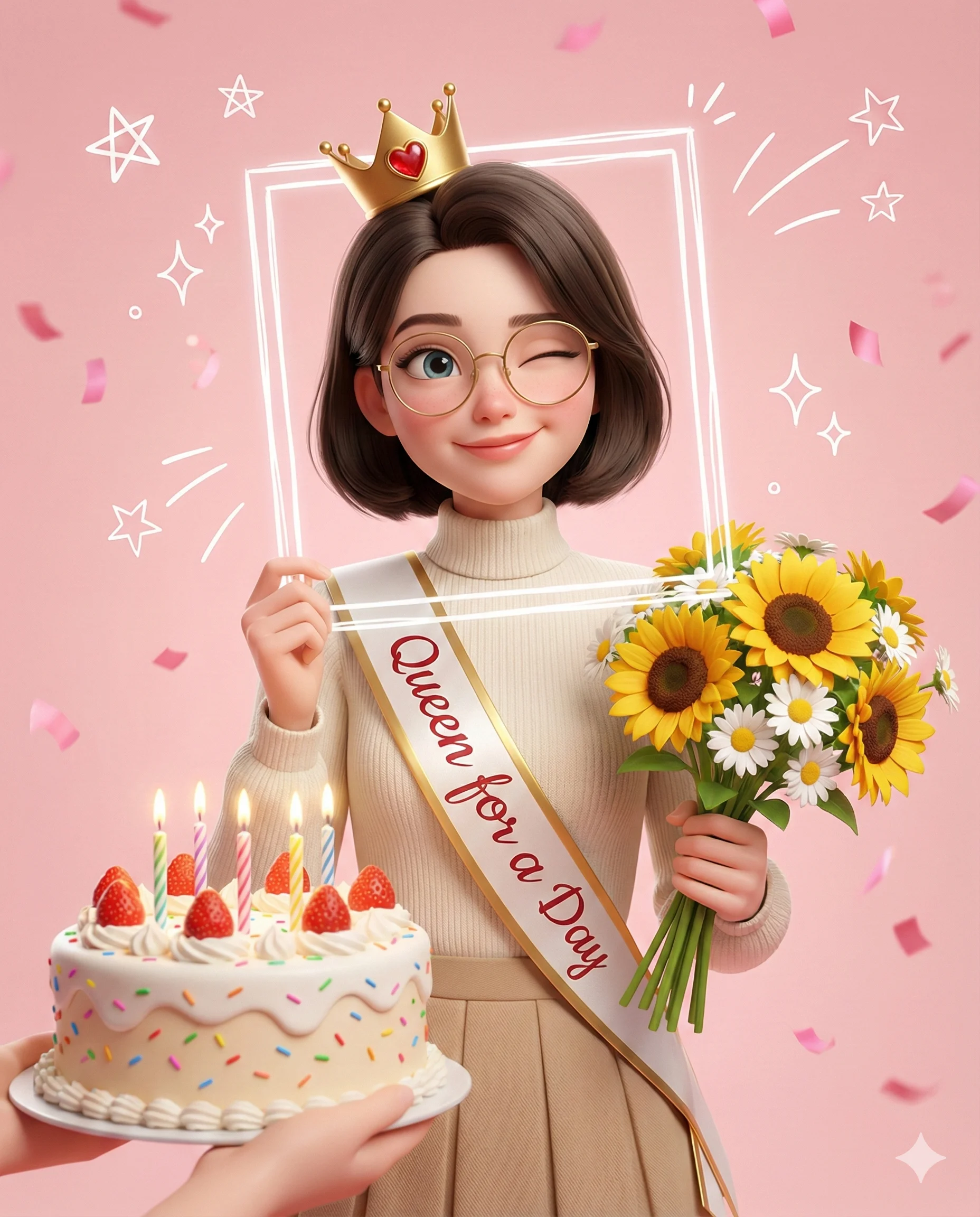 Animated girl wearing glasses and a crown while holding a birthday cake and sunflower bouquet
