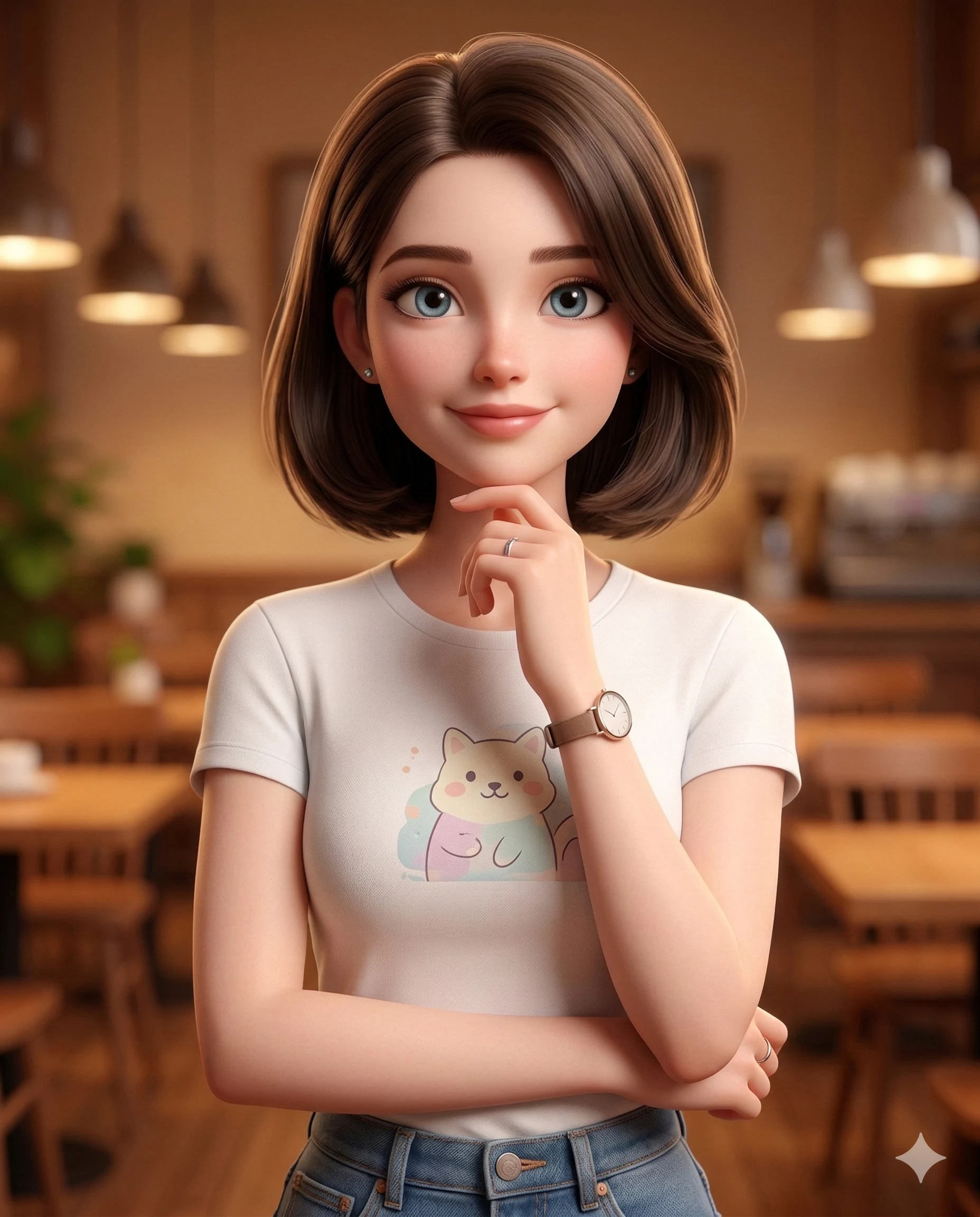 Animated young woman in a white T-shirt posing inside a softly lit café interior
