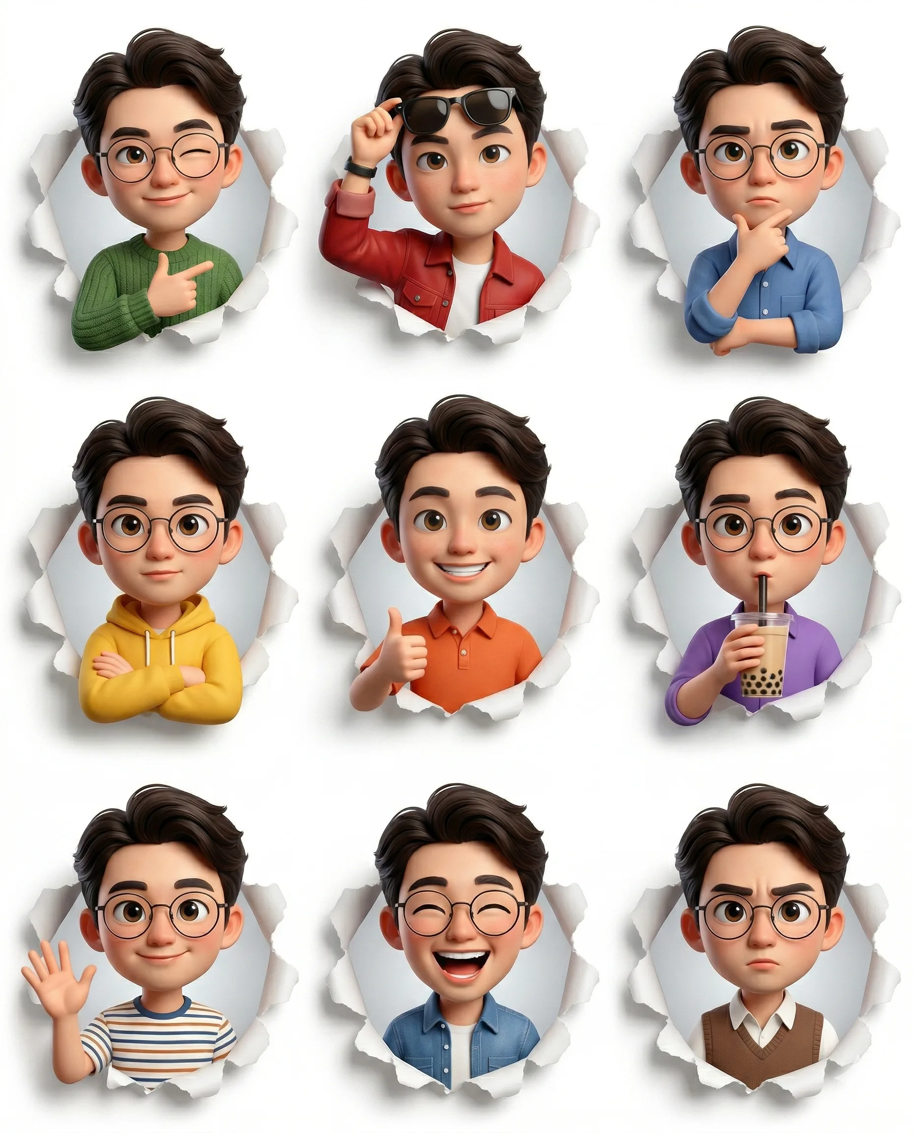 Nine torn-paper-style male avatar portraits showing different outfits, gestures, and expressions