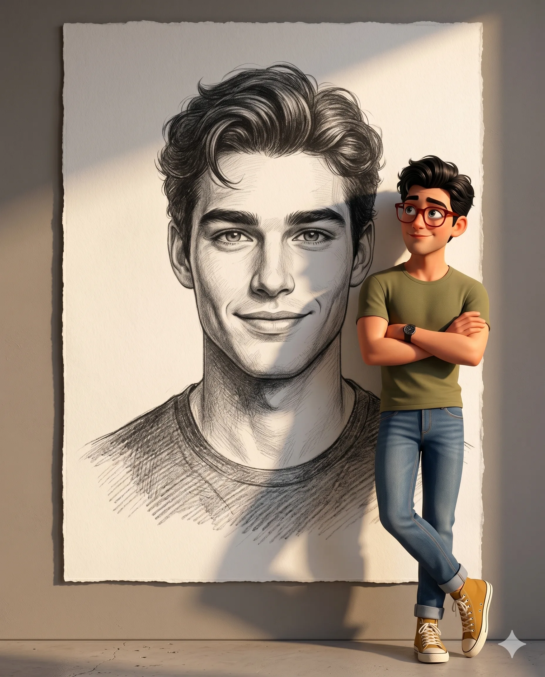 Young man posing beside a large detailed graphite drawing of his face on an easel