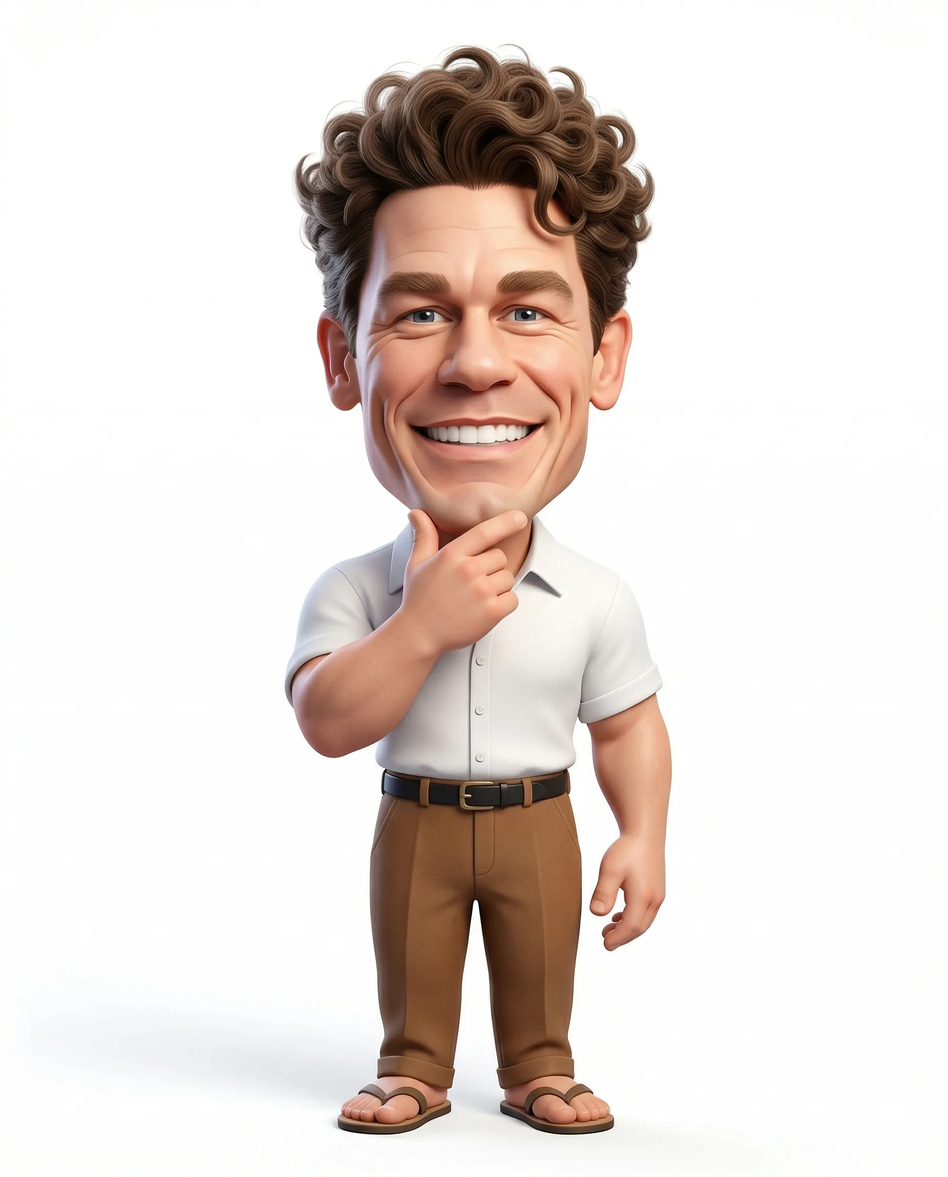 Cheerful male caricature with curly hair wearing a white shirt and brown trousers on a white background