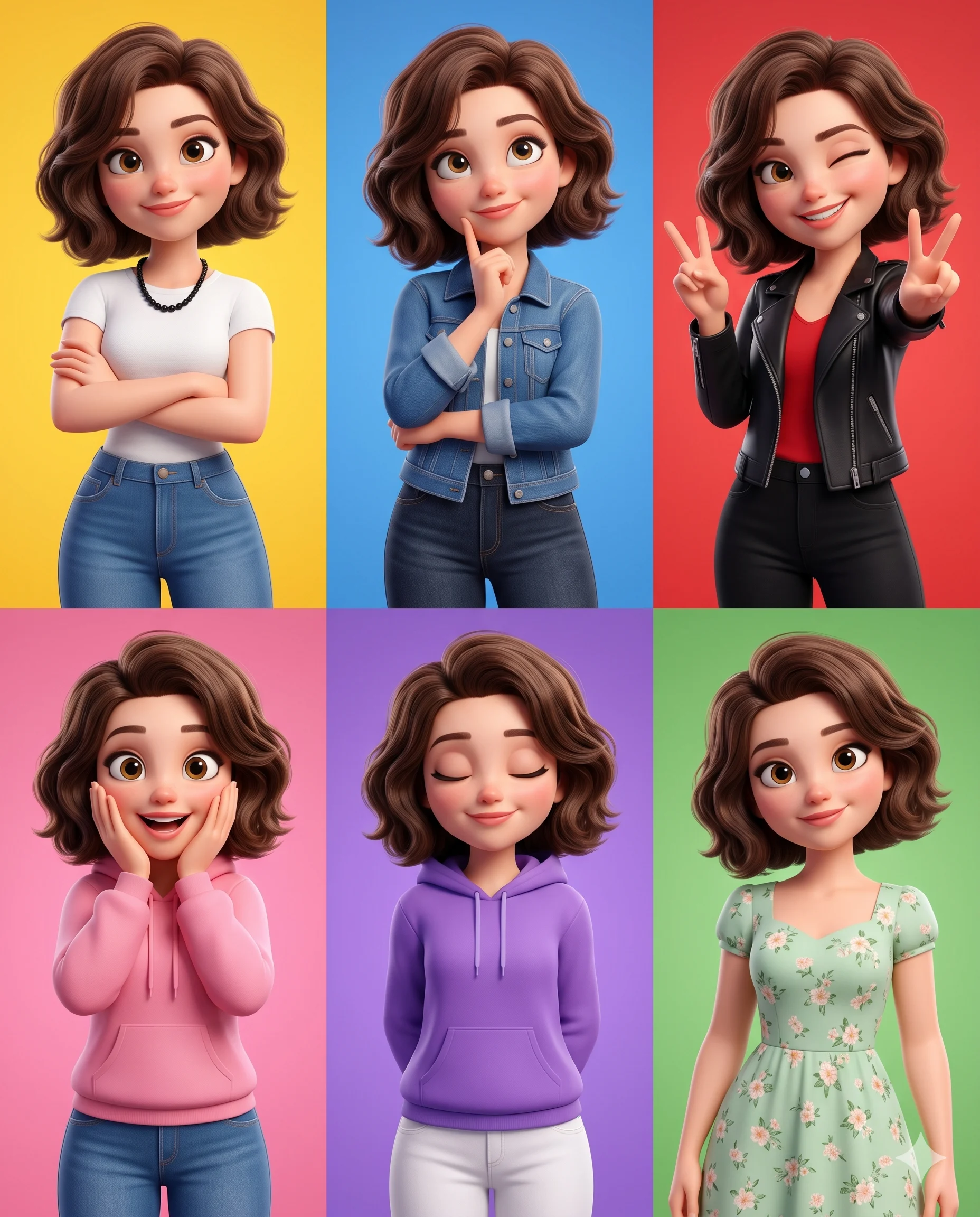 Six-panel animated girl character board showing different outfits, gestures, and moods