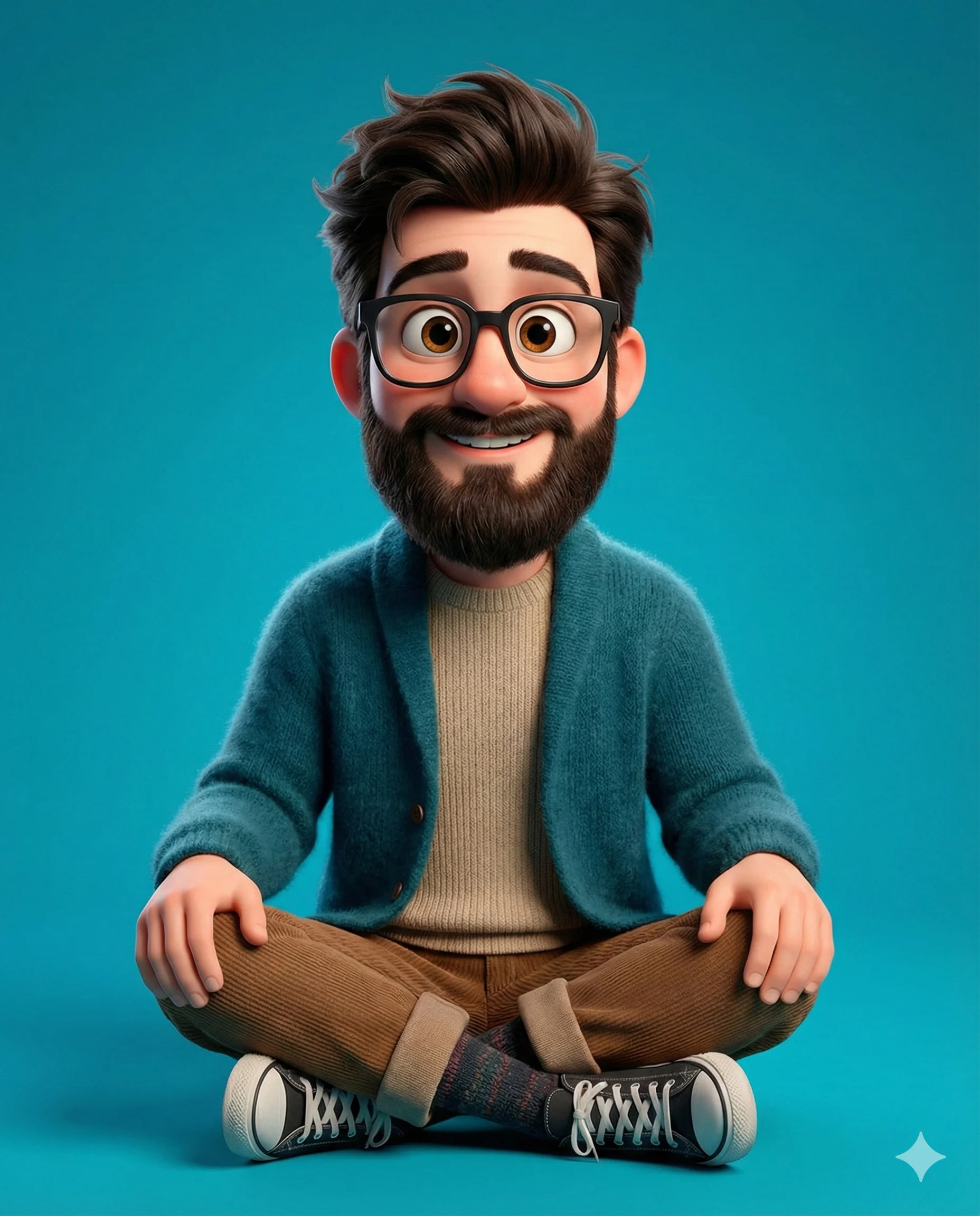 Animated bearded man with glasses wearing a teal cardigan while seated cross-legged