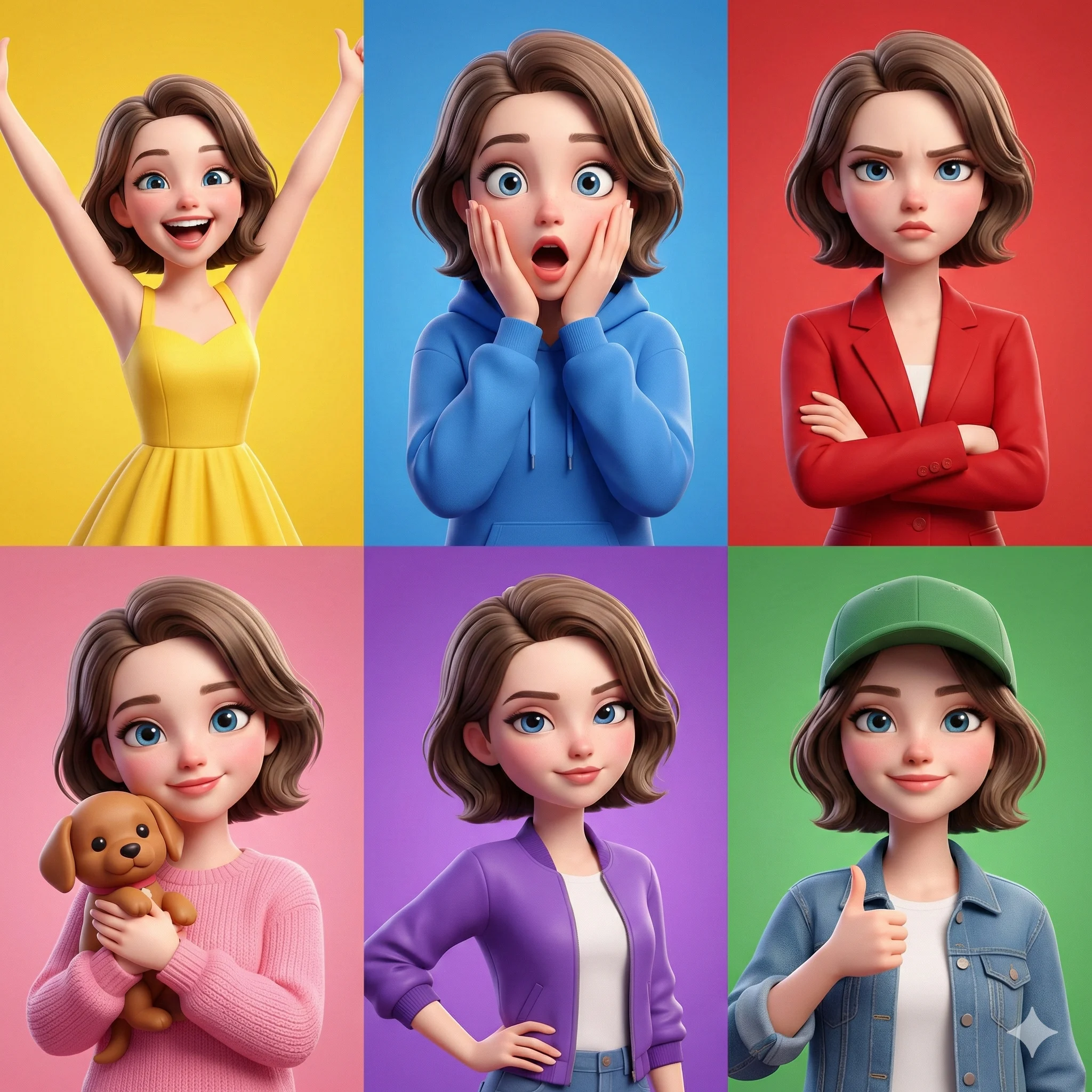 Six colorful panels of an animated woman expressing joy, surprise, confidence, and other moods