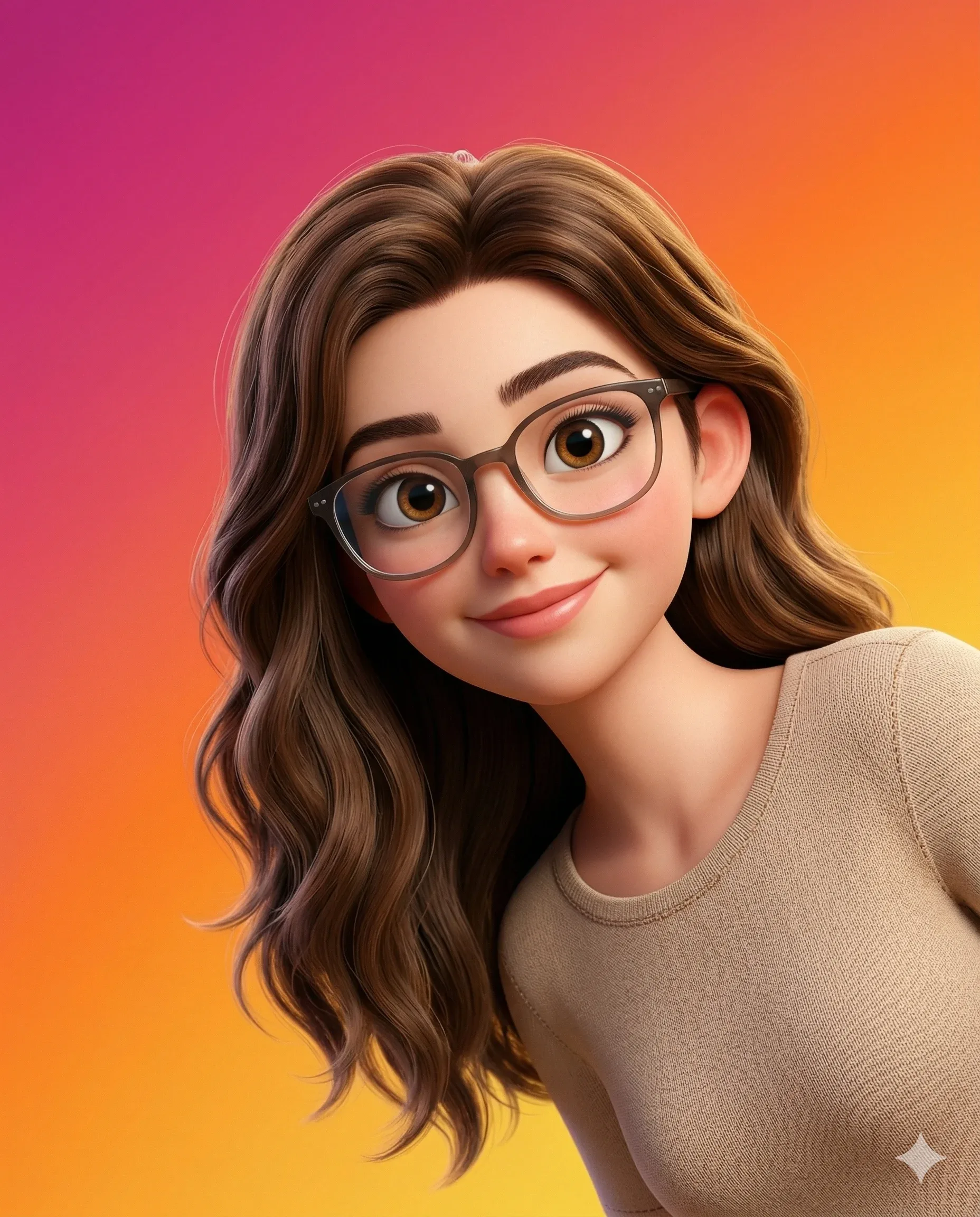 Animated woman with long brown hair and round glasses against an orange and magenta gradient