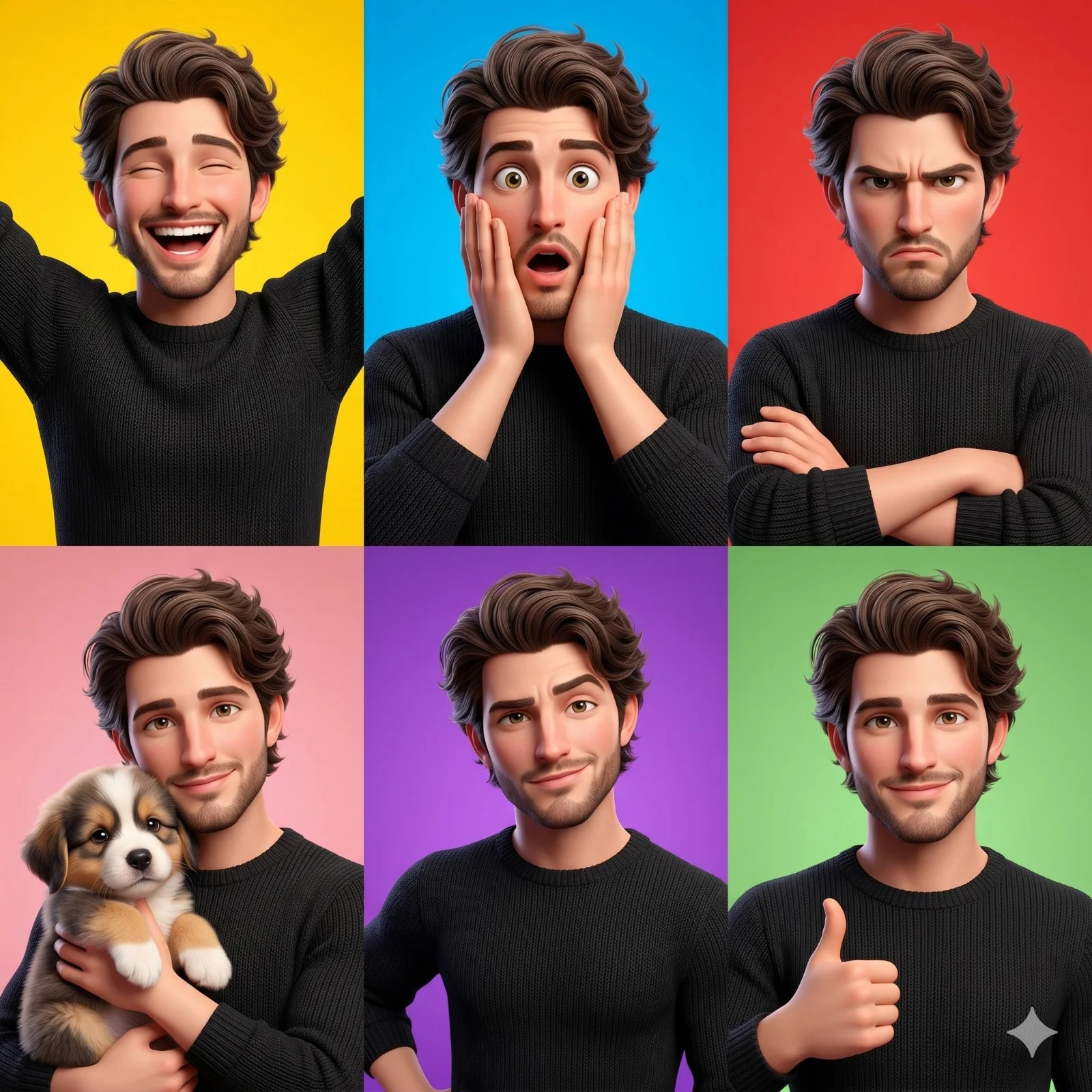 Six-panel animated man portrait set showing laughter, surprise, seriousness, affection, and approval