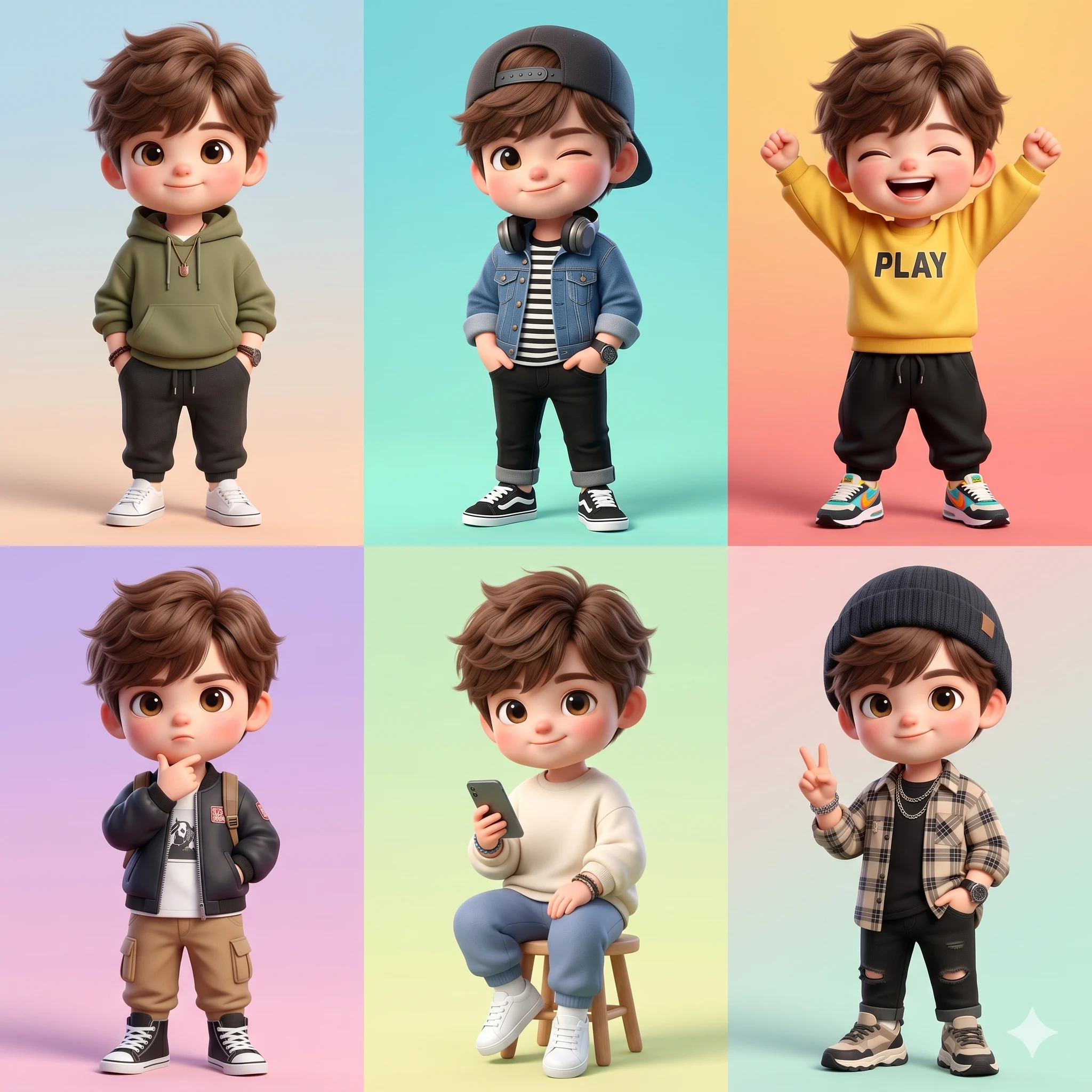 Six chibi boy characters wearing different casual outfits and showing varied poses