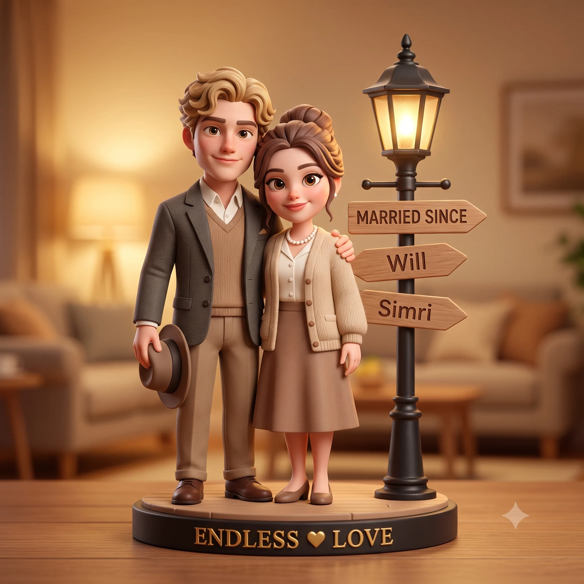 Miniature couple figurines standing beside a glowing lamp post with personalized romantic lettering