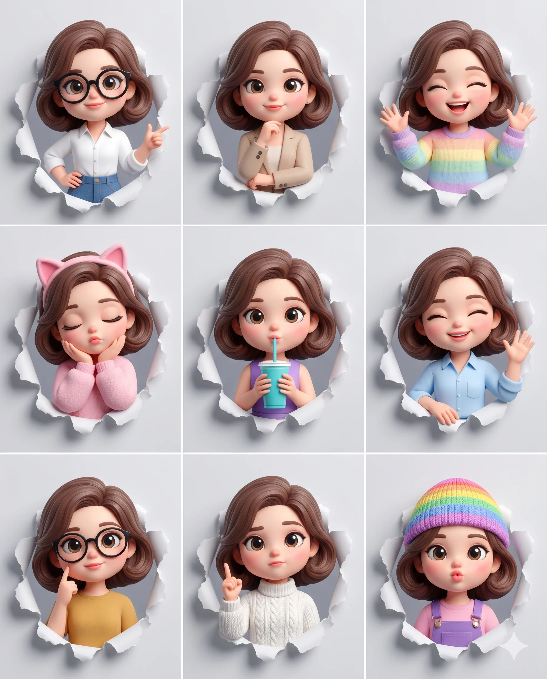 Nine animated girl avatar stickers showing different hairstyles, outfits, and expressions