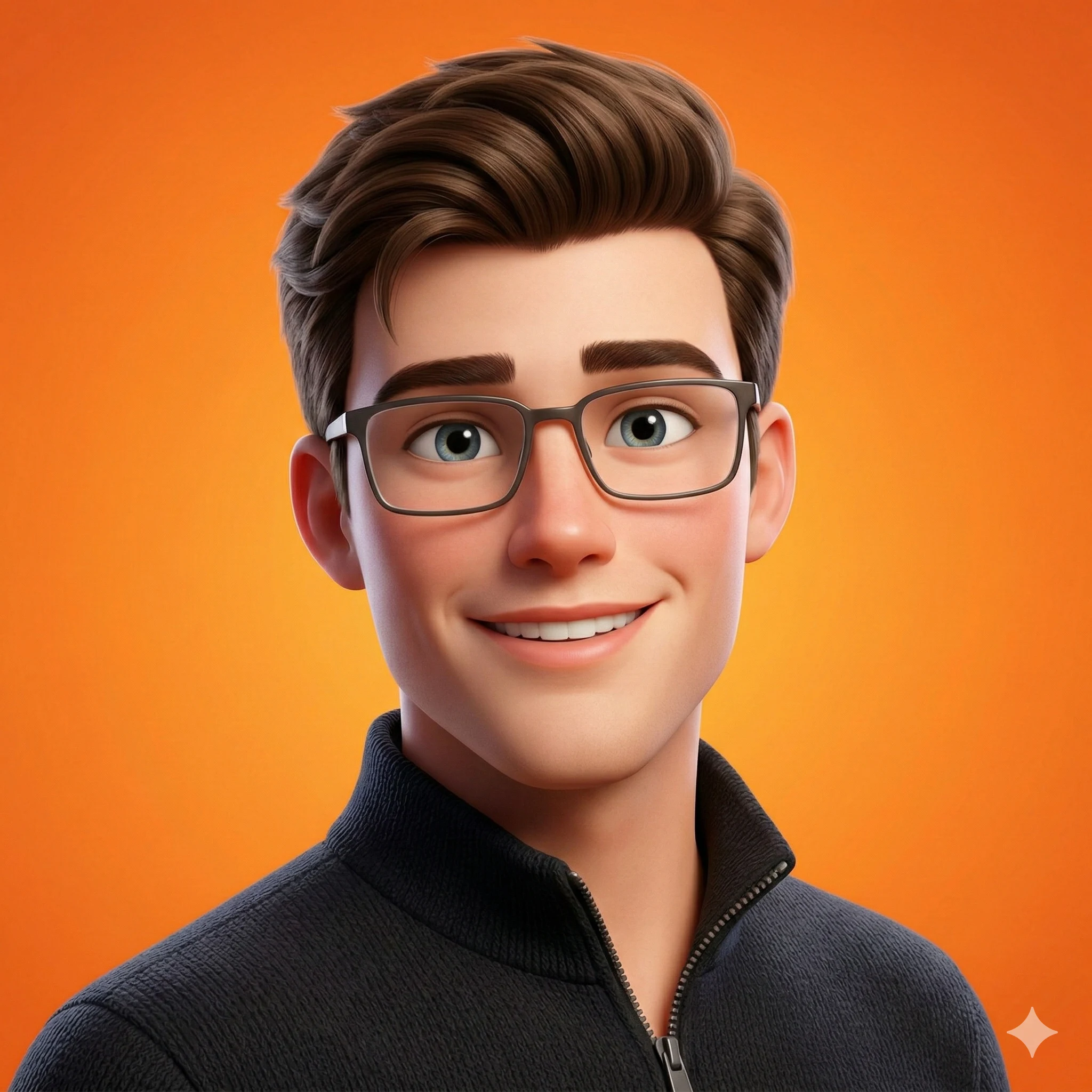 Smiling animated man with brown hair and rectangular glasses against a vivid orange backdrop