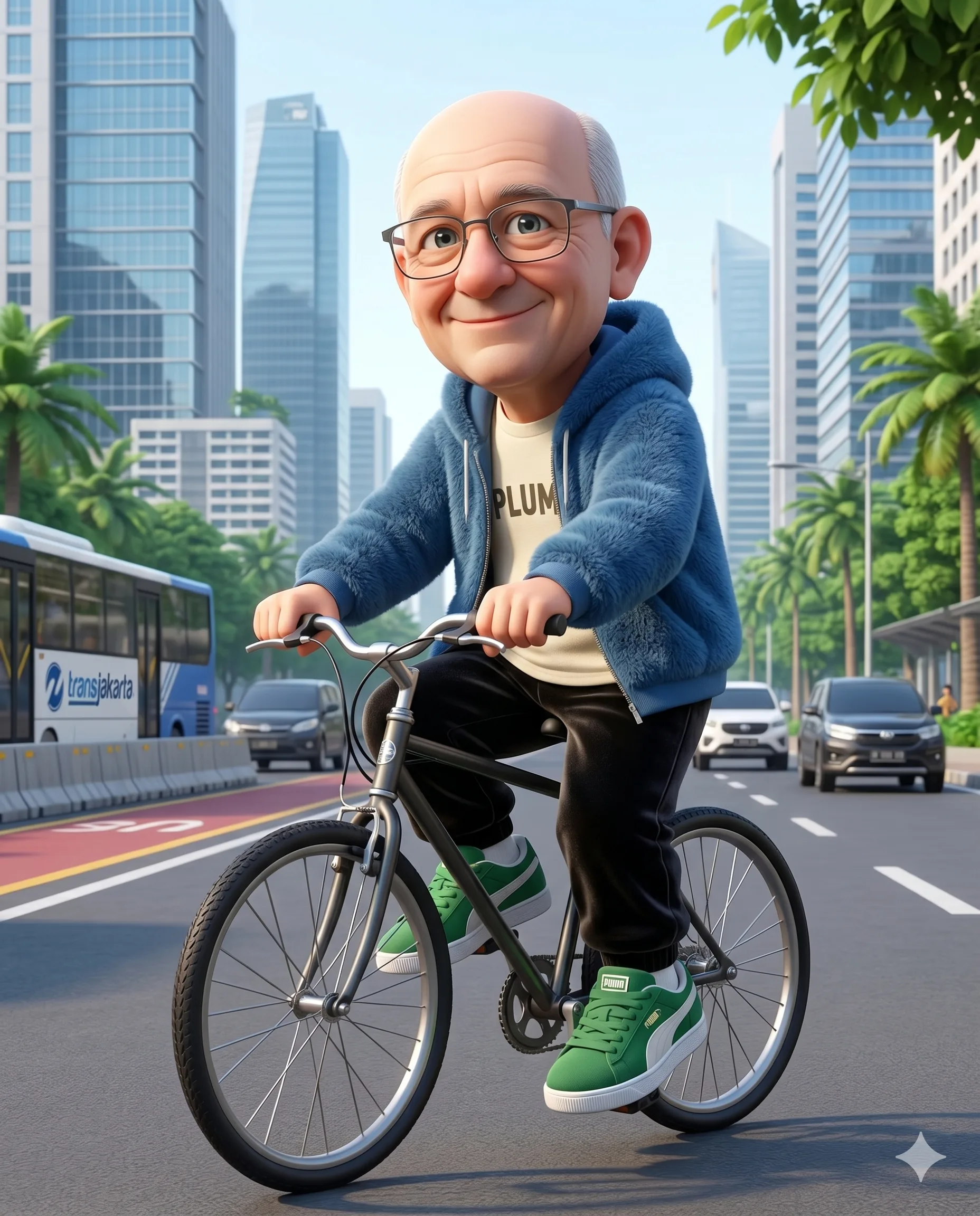 Playful animated older man with glasses riding a bicycle along a palm-lined urban street