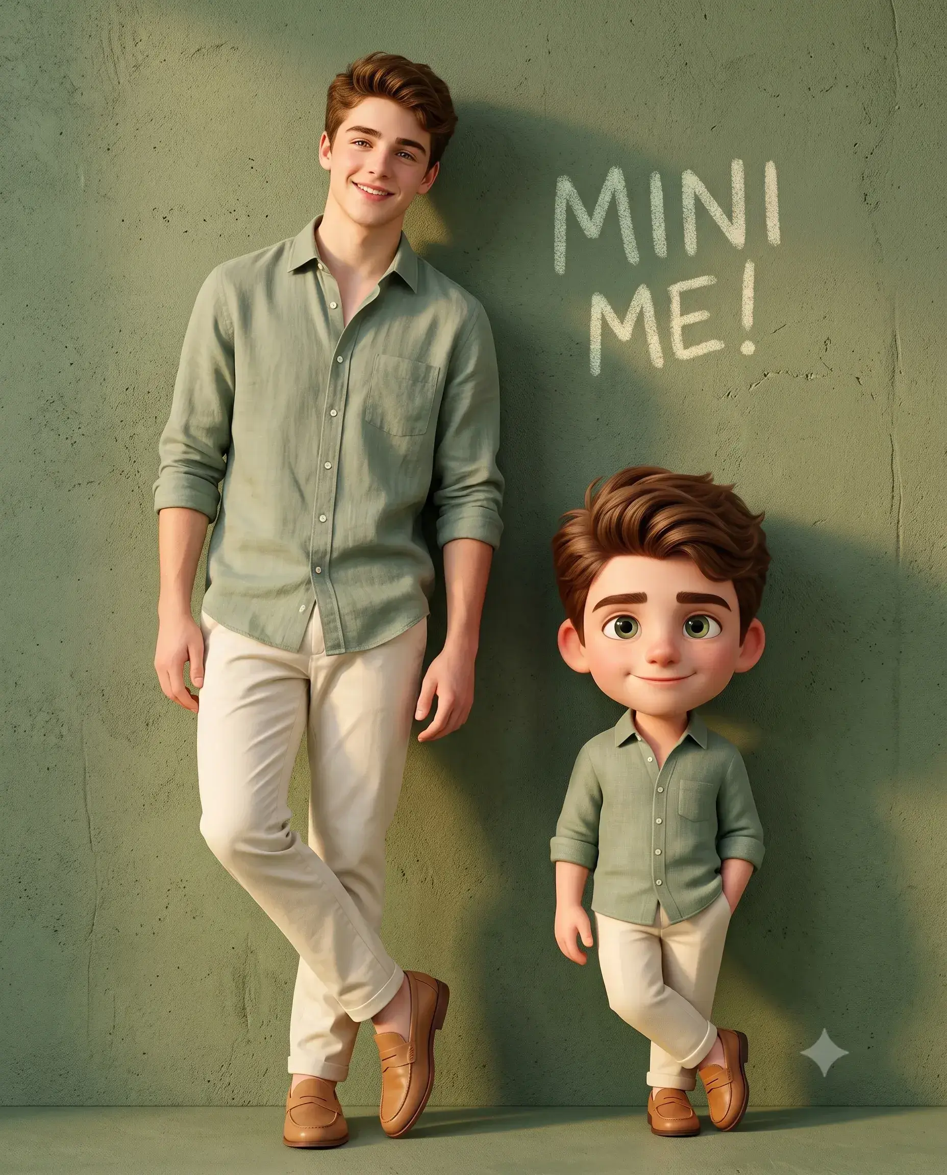 Adult man and a matching miniature character standing beside Mini Me lettering on a green wall