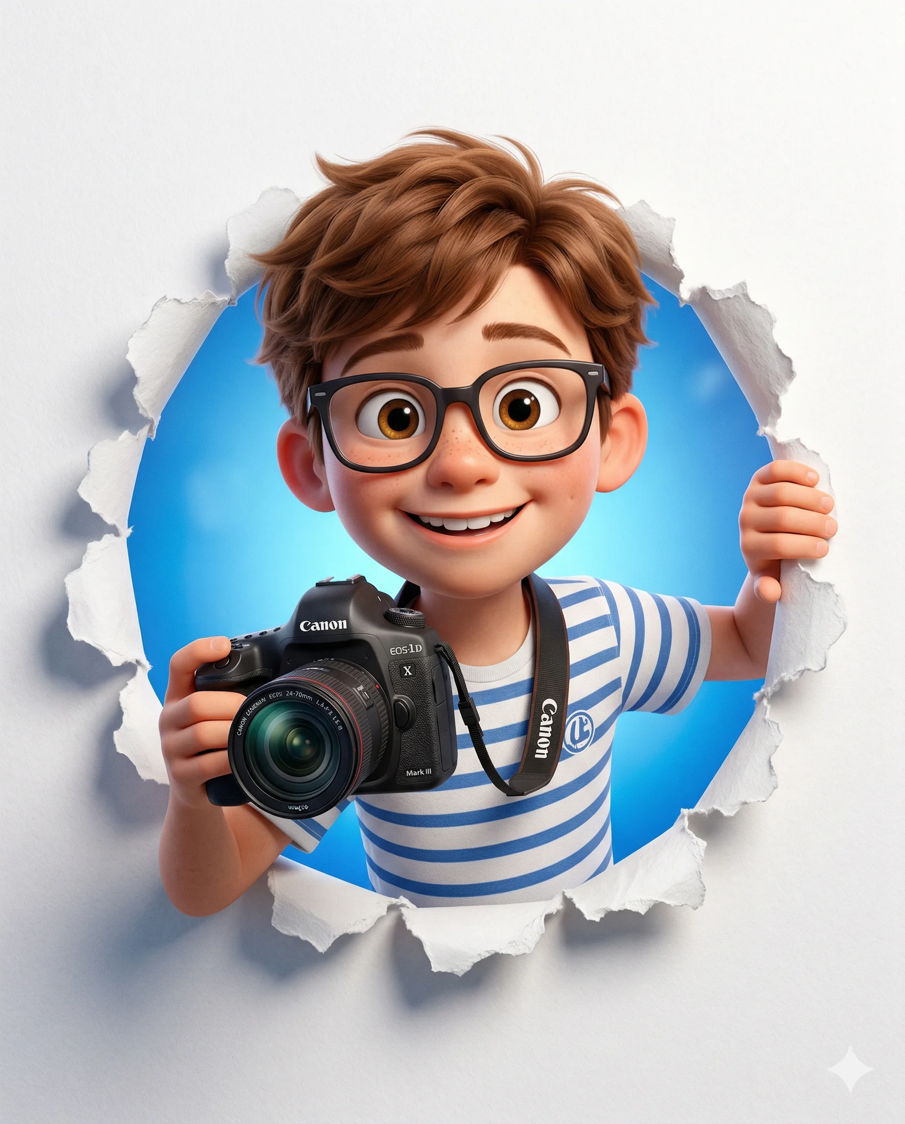 Animated boy with glasses holding a camera while emerging through torn white paper