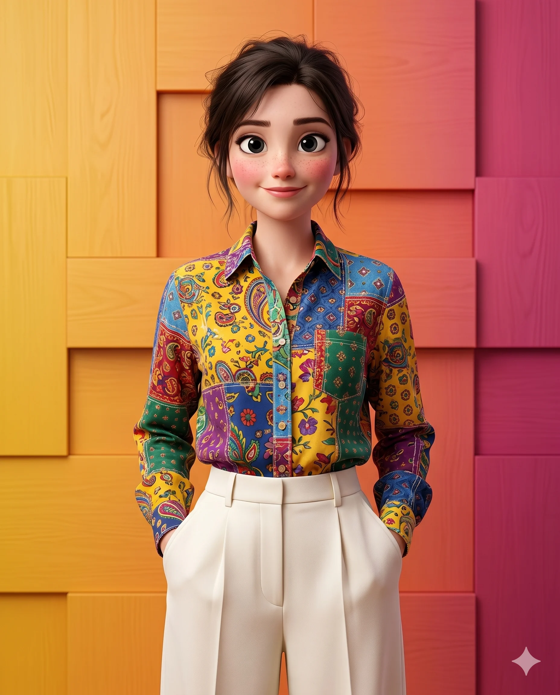 Animated woman in a patterned blouse and white trousers against orange and pink wall panels
