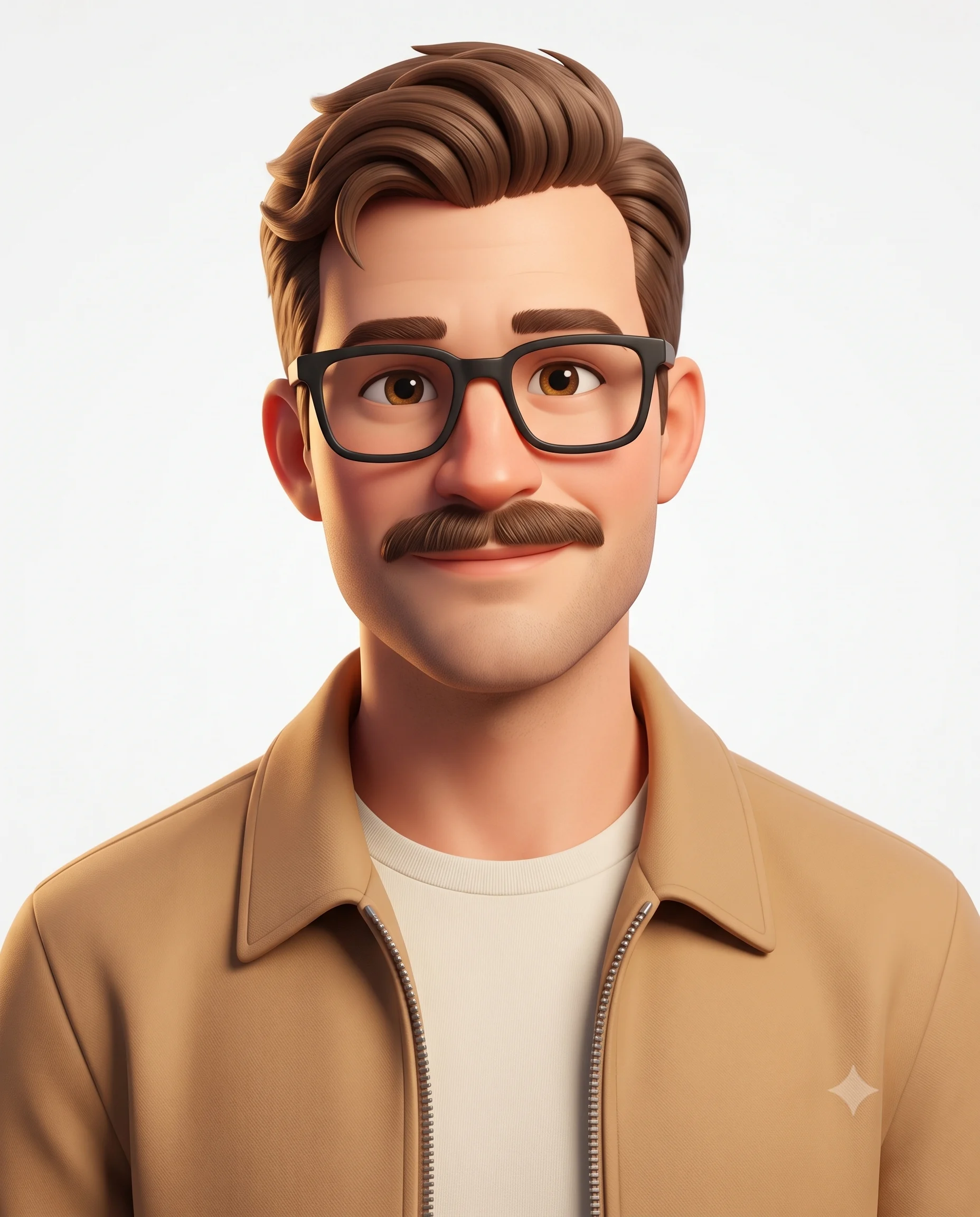 Smiling animated man with glasses and a mustache wearing a beige jacket on a white background