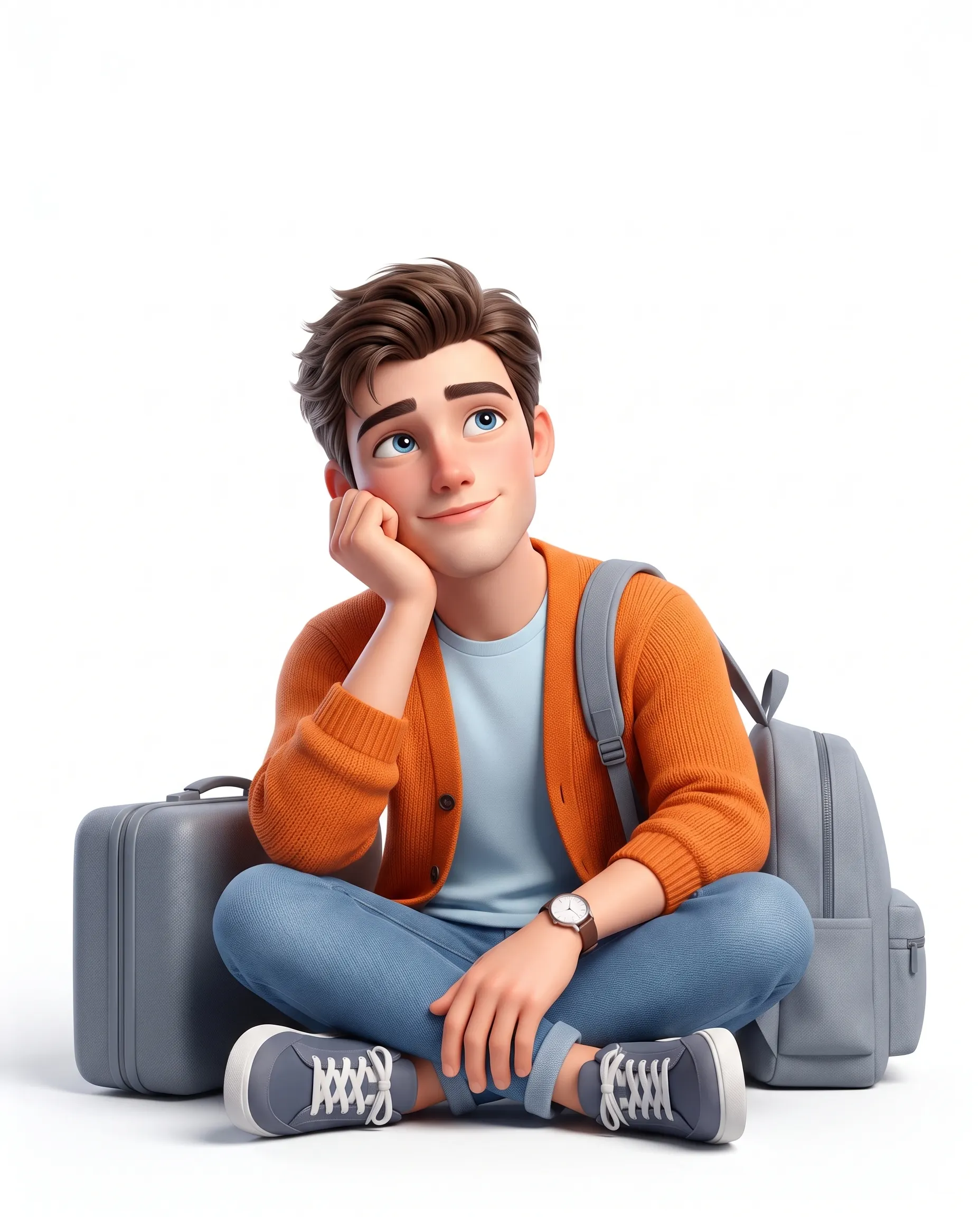 Animated young man in an orange jacket seated beside travel bags on a white background
