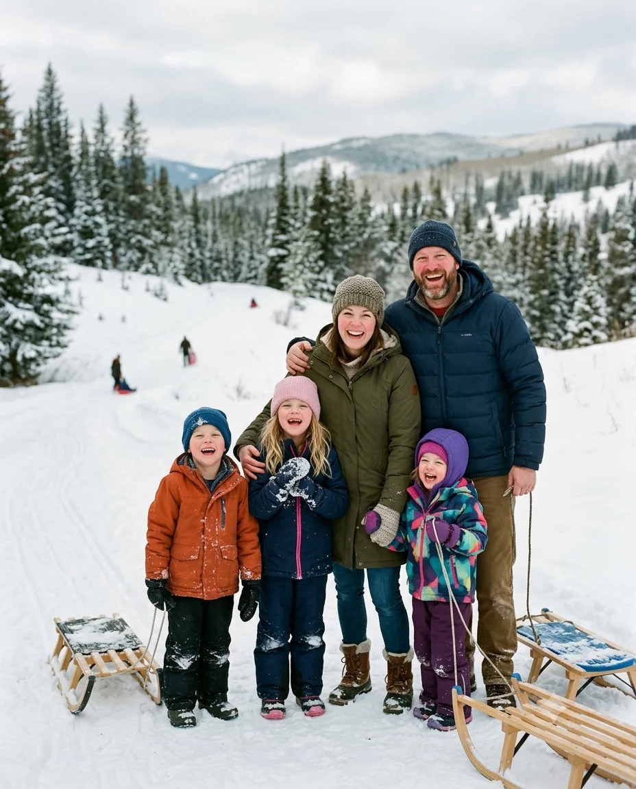 Winter Sledding Family Portrait