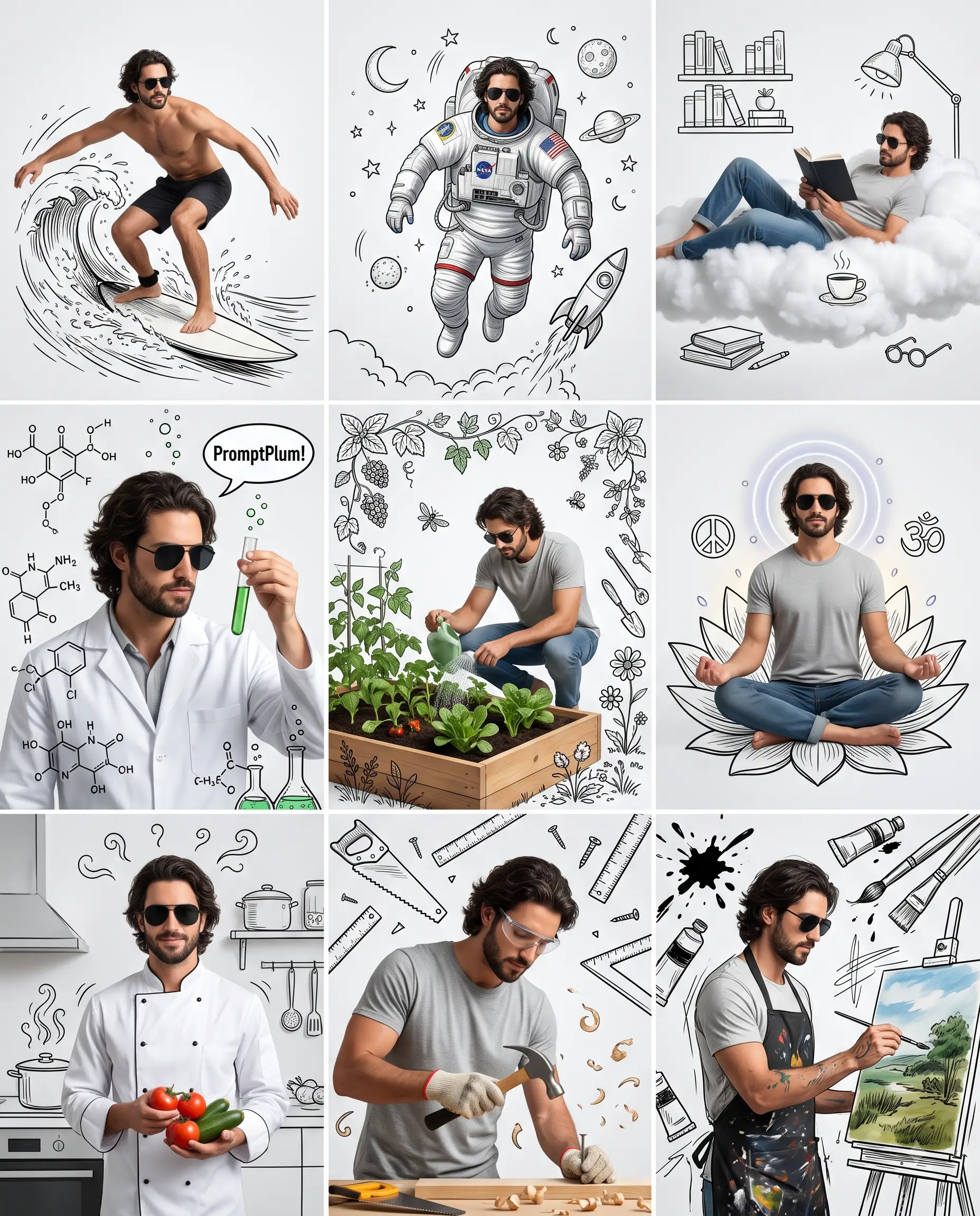 Nine-panel collage combining photographs of a man with hand-drawn lifestyle and travel doodles