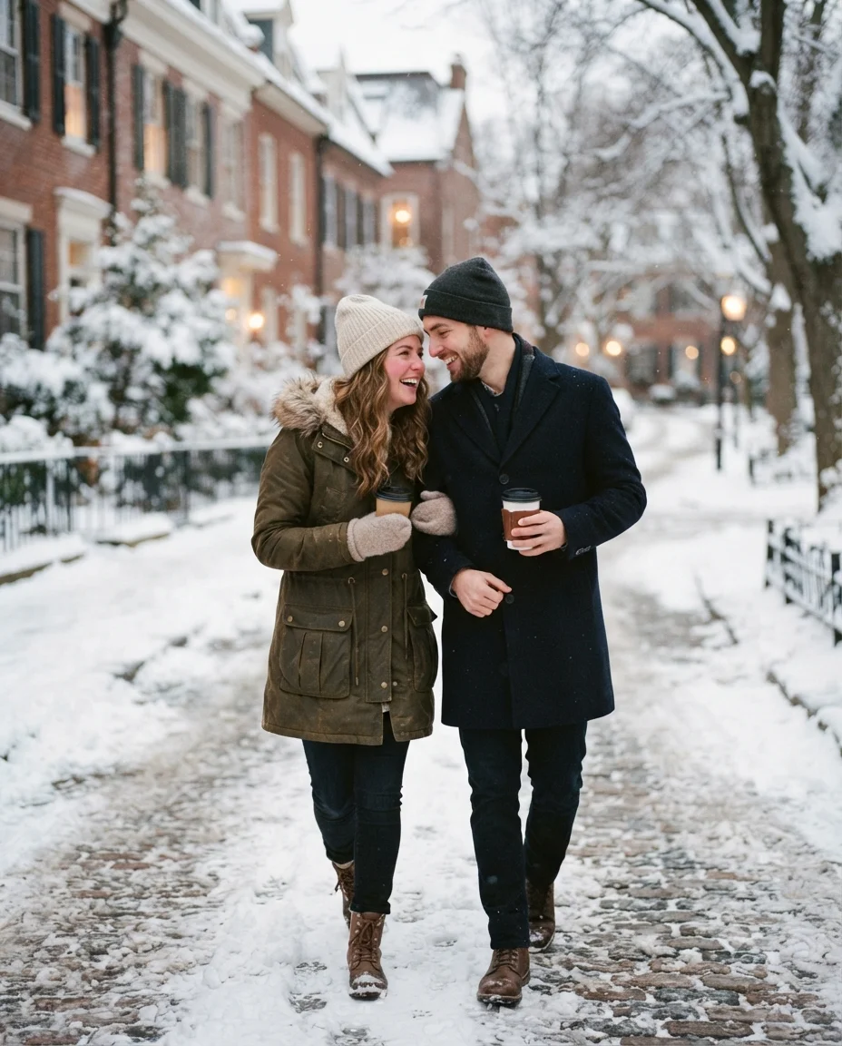 Snowy Street Coffee Walk