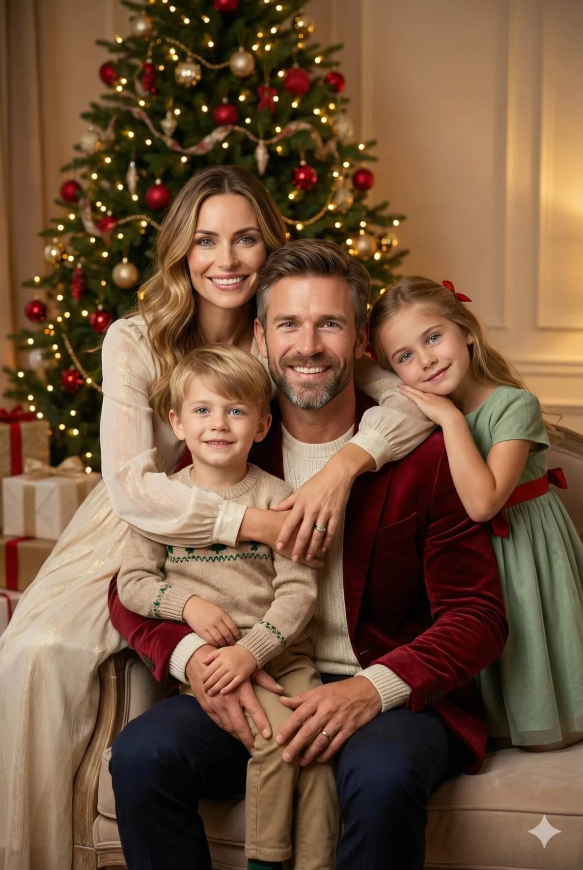 Parents and two children sitting together beside a decorated Christmas tree in a warmly lit room