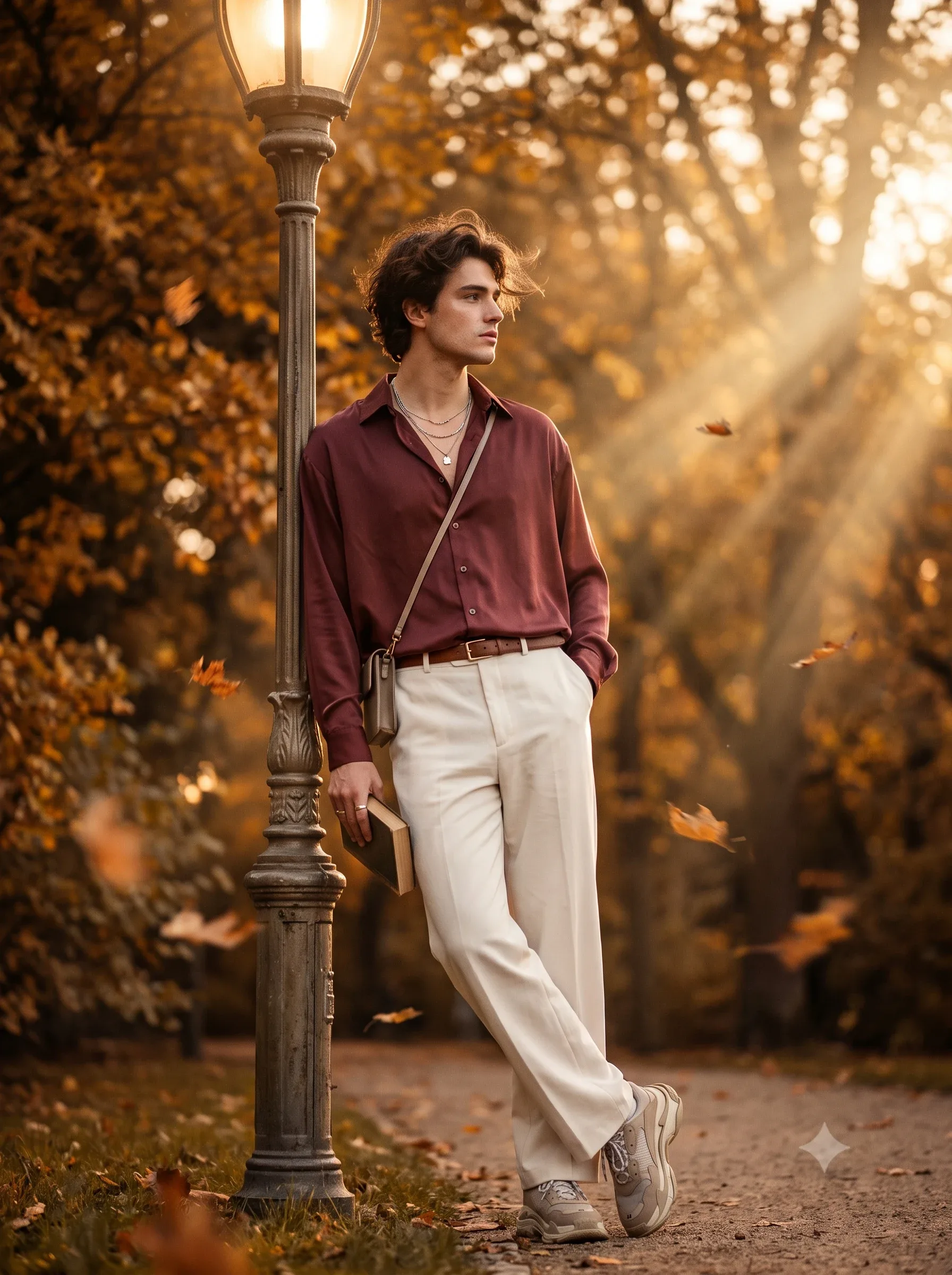 Man in a burgundy shirt and white trousers standing beside a lamp post on a golden autumn path