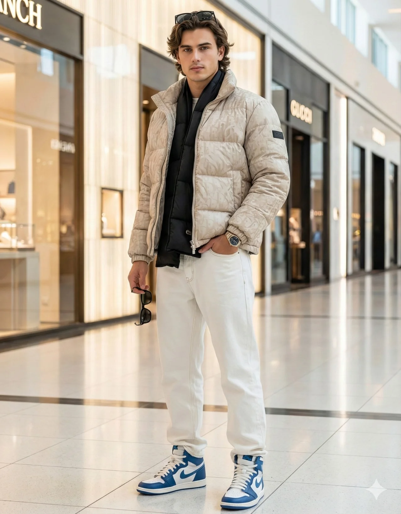 Young man in a beige puffer jacket and white trousers standing inside an upscale shopping mall
