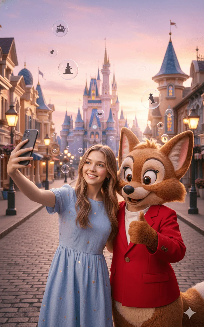 Woman taking a selfie with a cartoon fox mascot in front of a fairytale castle at sunset