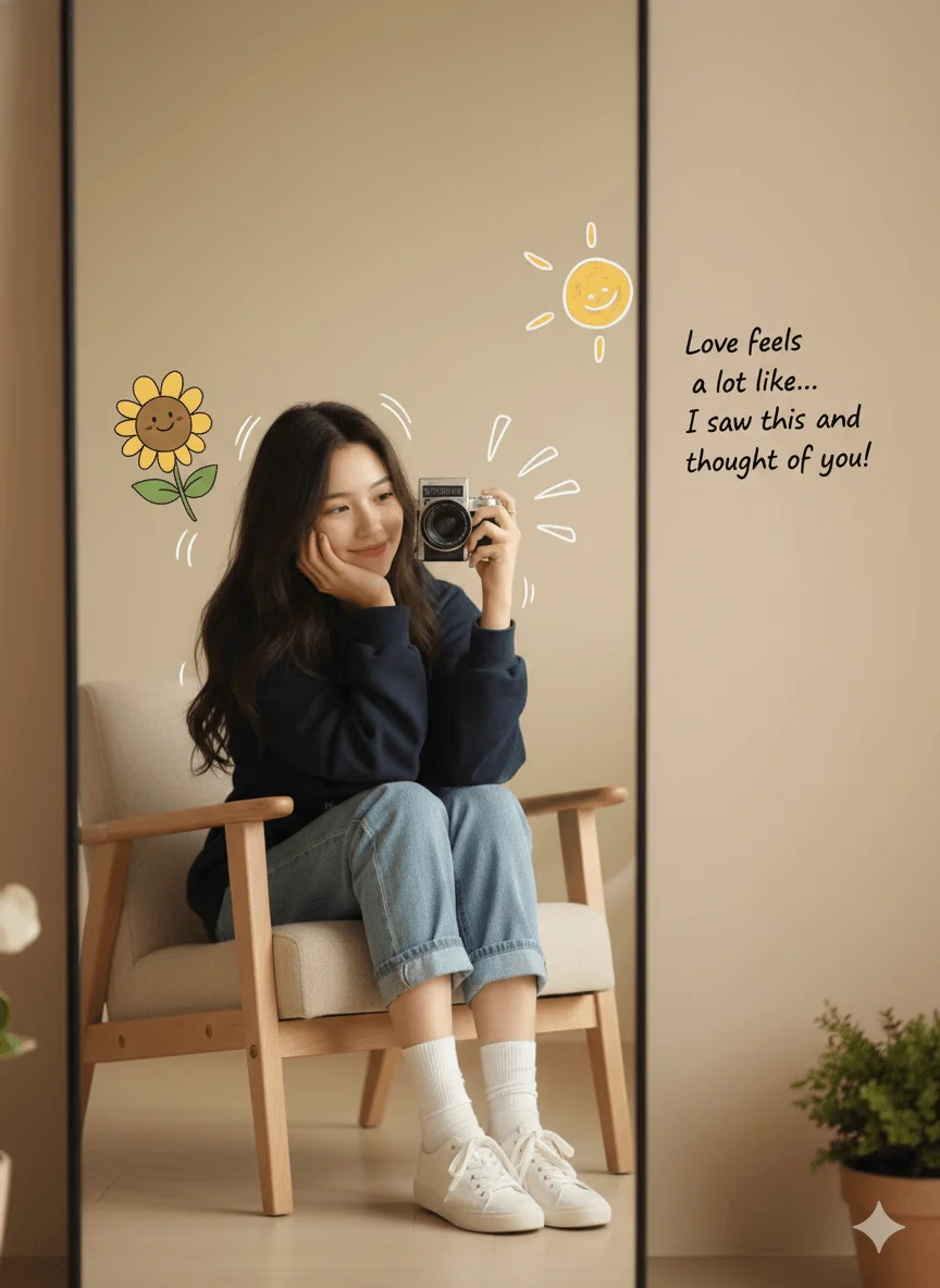 Young woman in an oversized hoodie taking a cozy mirror selfie with cute doodles