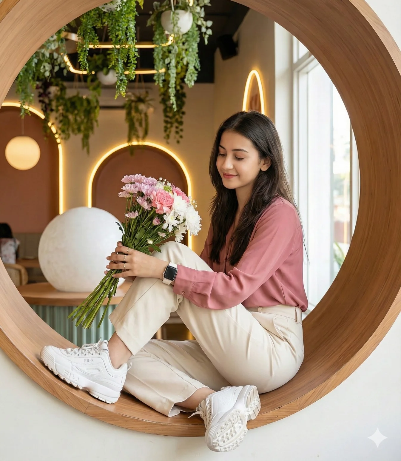 Woman in a pink blouse holding flowers inside a circular wooden cafe nook