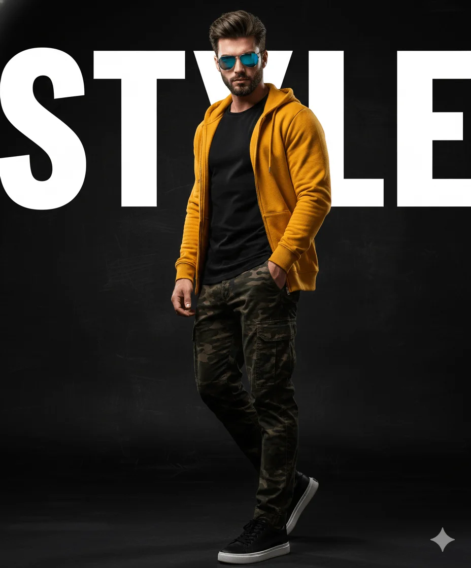 Confident man walking in yellow streetwear under dramatic dark studio lighting