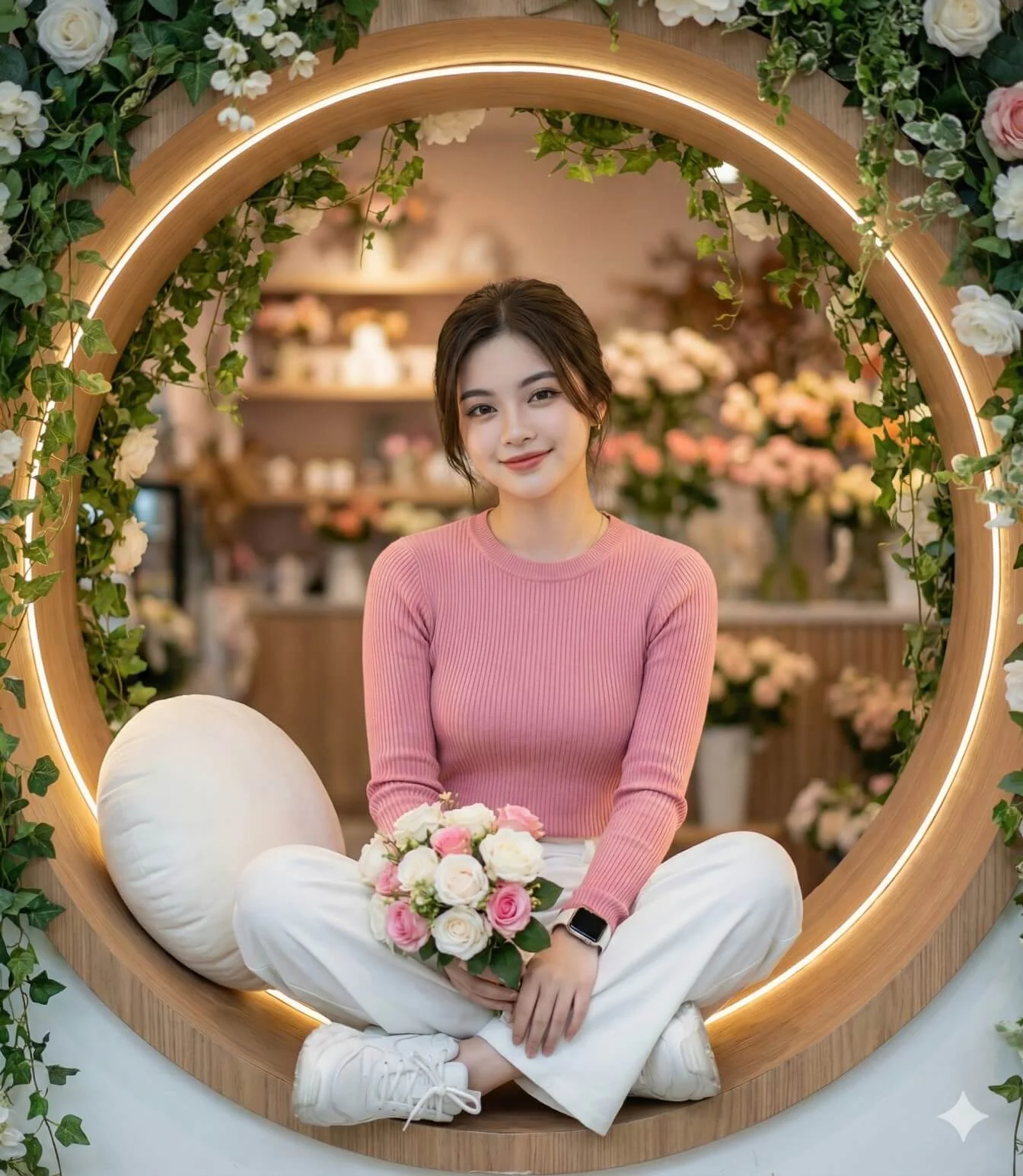 Smiling woman in a pink sweater holding roses inside a circular wooden alcove
