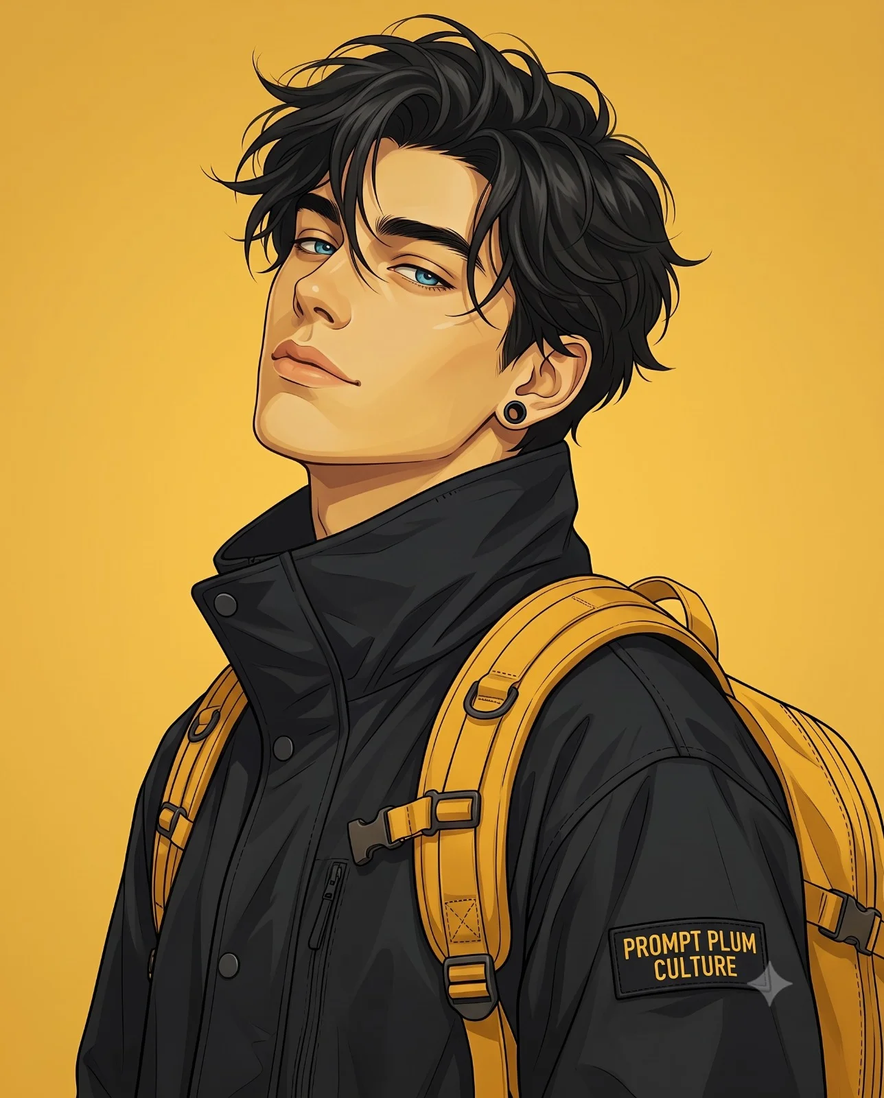 Anime-style young man with dark hair wearing a black shirt and backpack against a mustard-yellow background