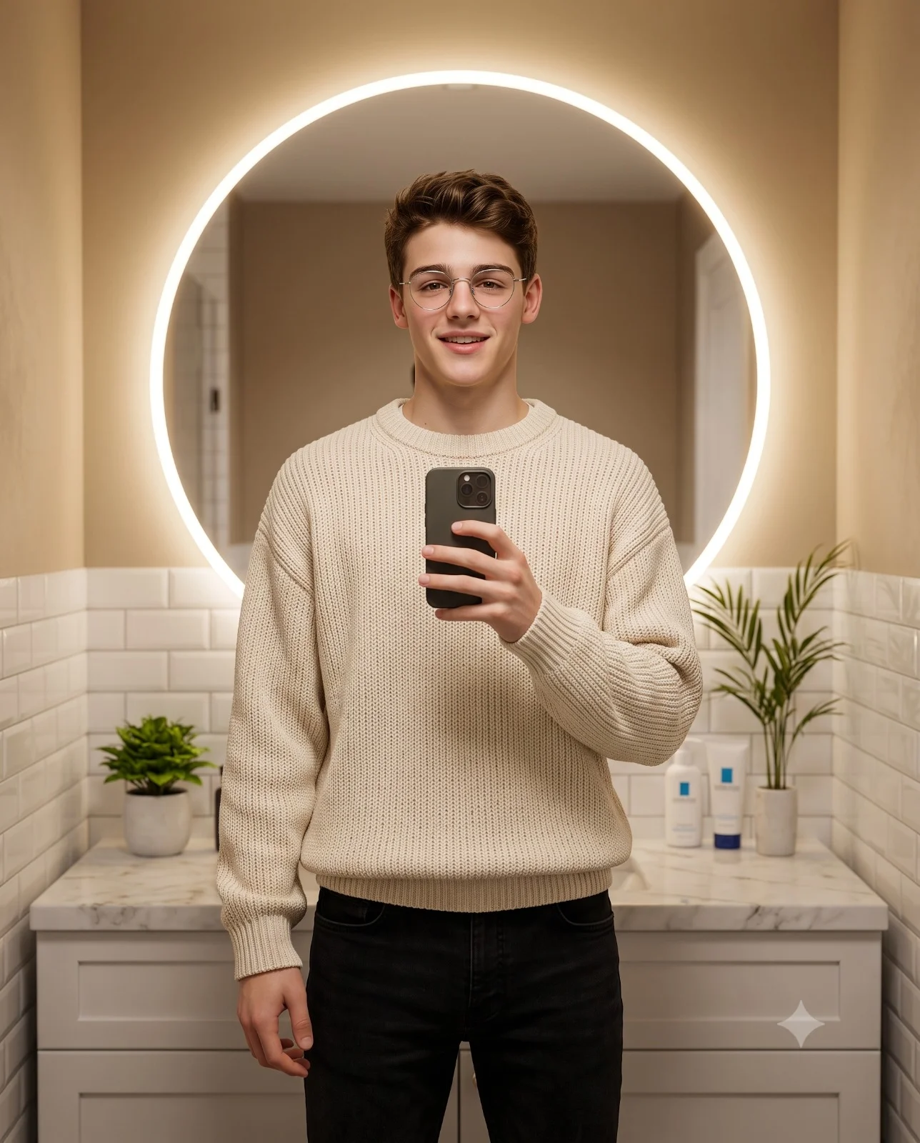 Young man in a cream sweater holding a phone before a round illuminated bathroom mirror