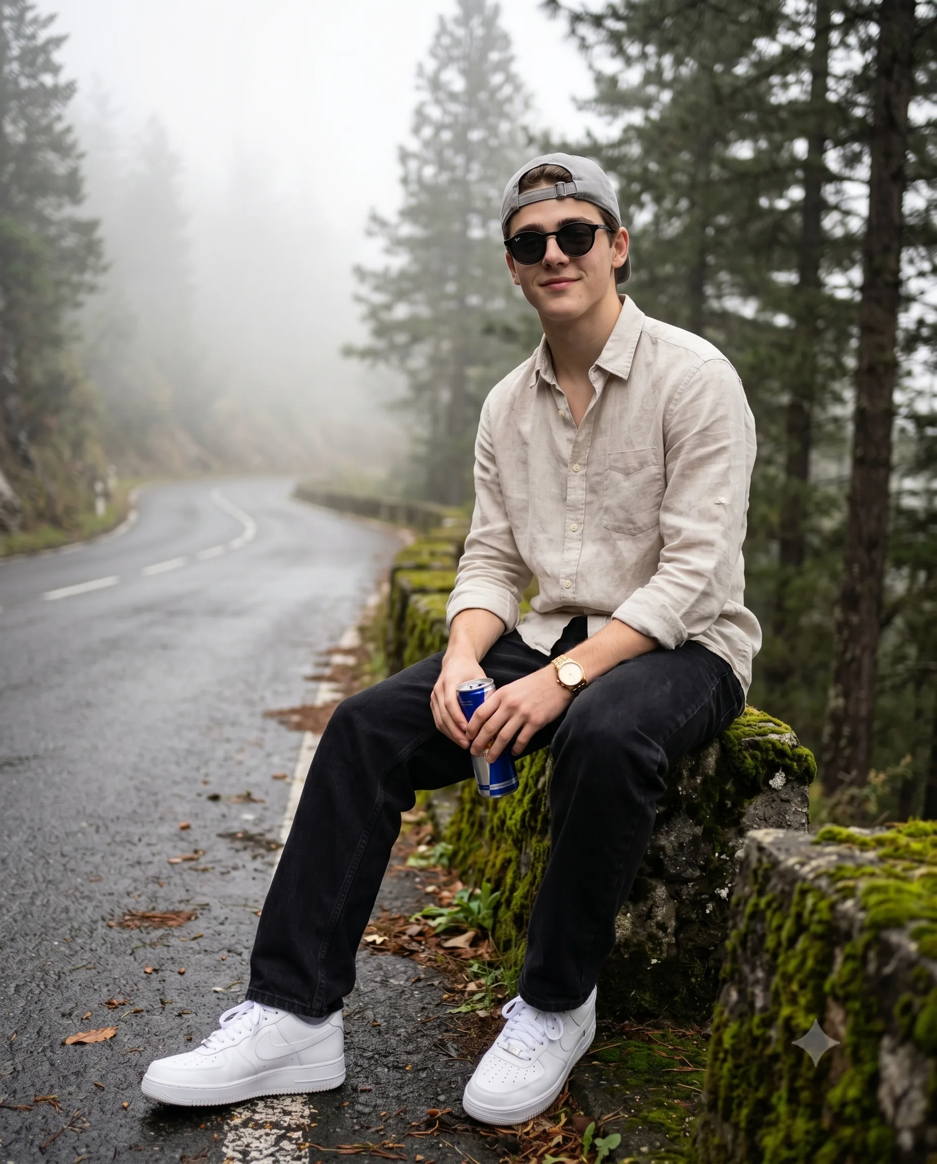 Young man in sunglasses and casual clothes sitting beside a foggy forest road