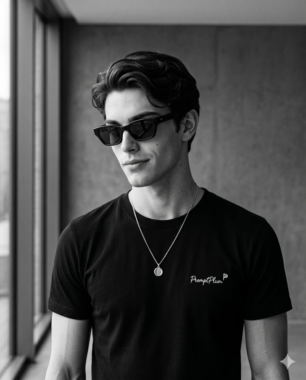 Black-and-white portrait of a young man in sunglasses standing beside a window