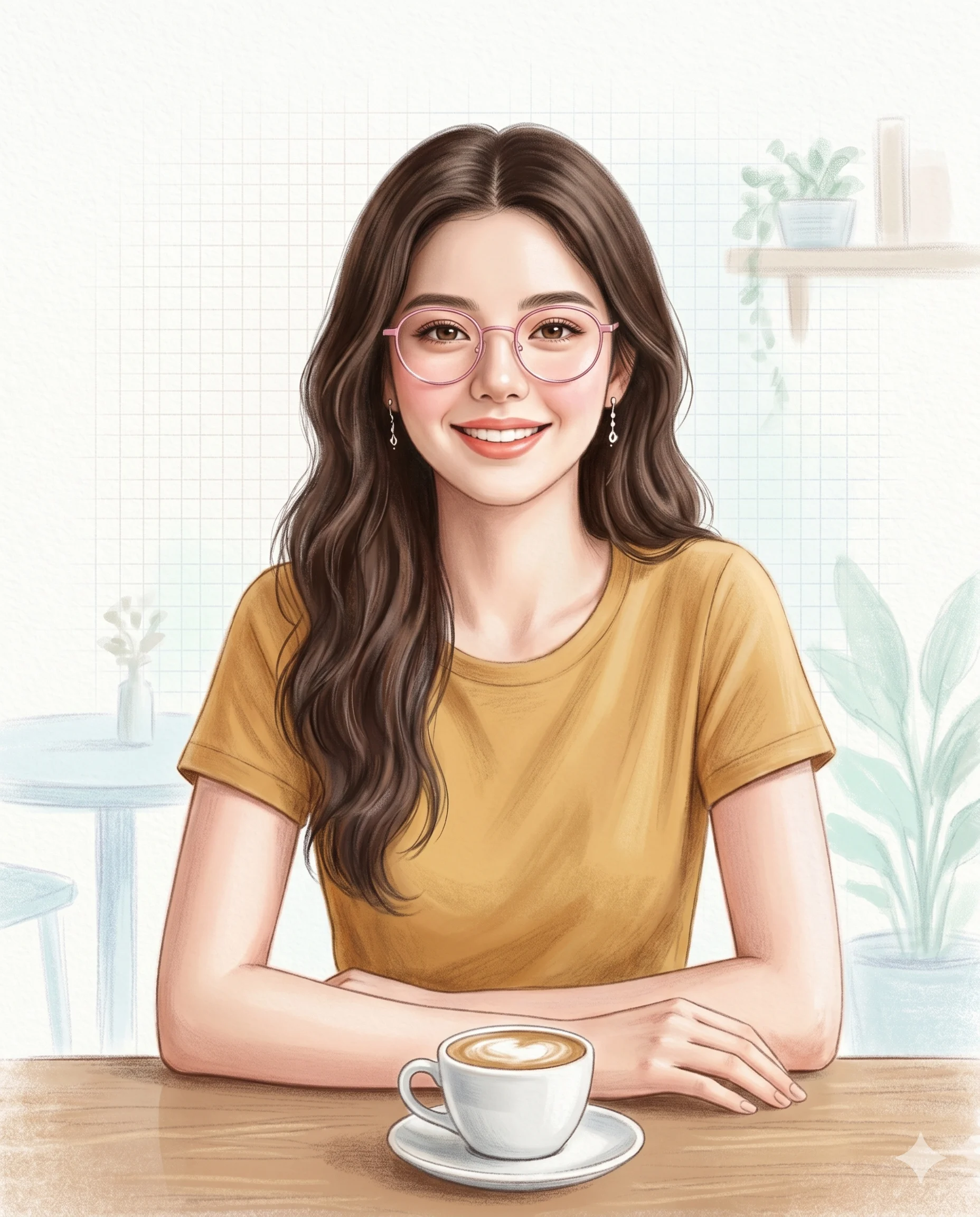 Pastel illustration of a smiling woman with glasses seated at a café table with a cup