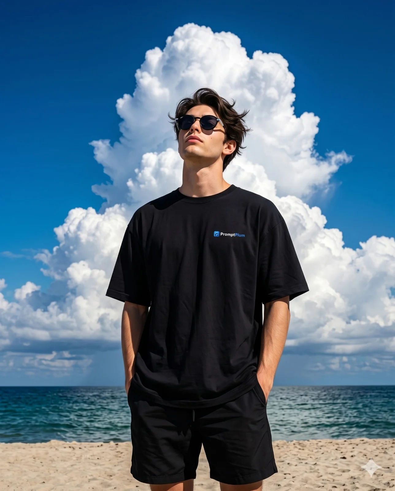 Man in black clothing and sunglasses standing on a beach beneath a towering white cloud