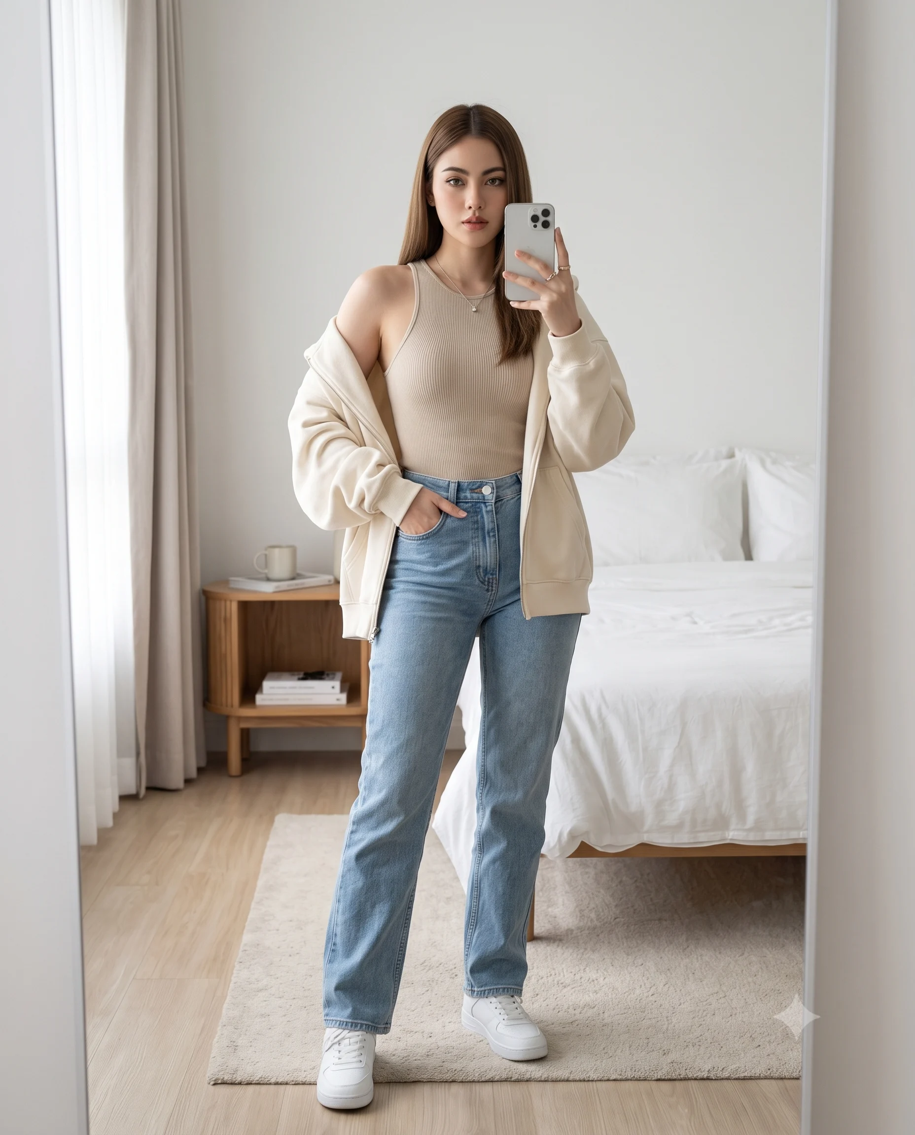 Woman in a cream sweater and blue jeans taking a full-length mirror selfie in a bright bedroom