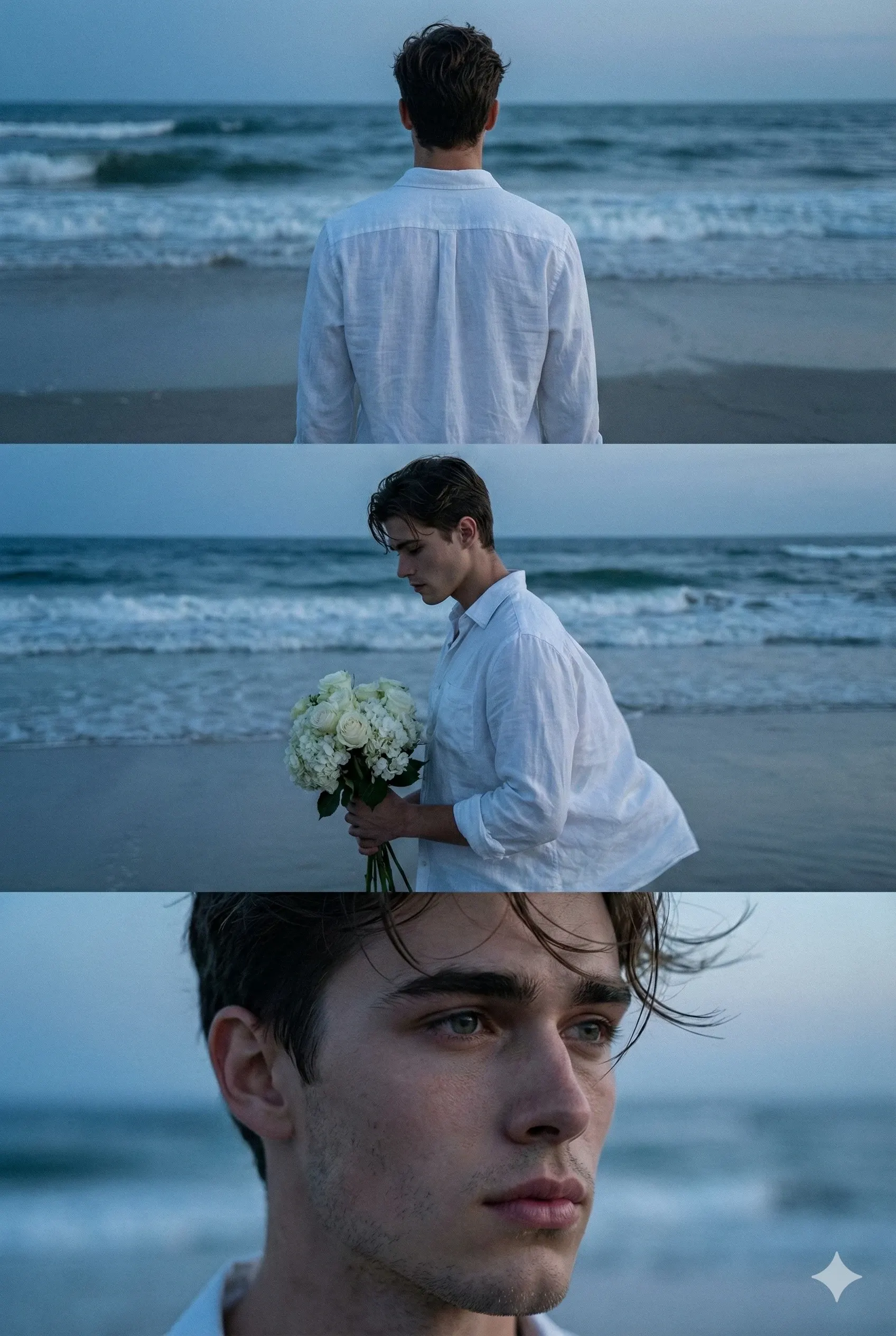 Three-frame cinematic portrait of a man in a white shirt holding flowers beside the sea at blue hour