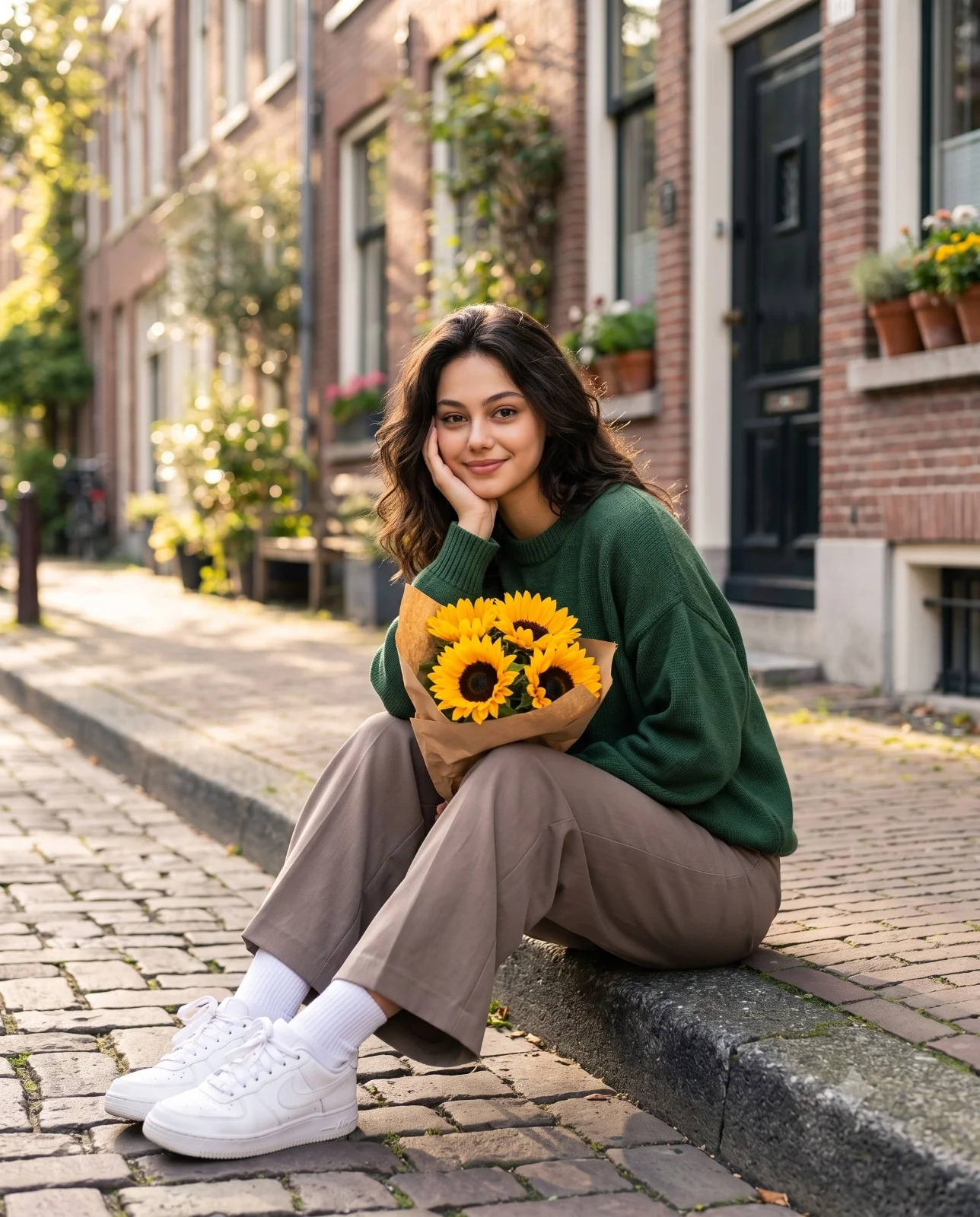 Smiling woman in a green sweater holding sunflowers while seated on a cobblestone street