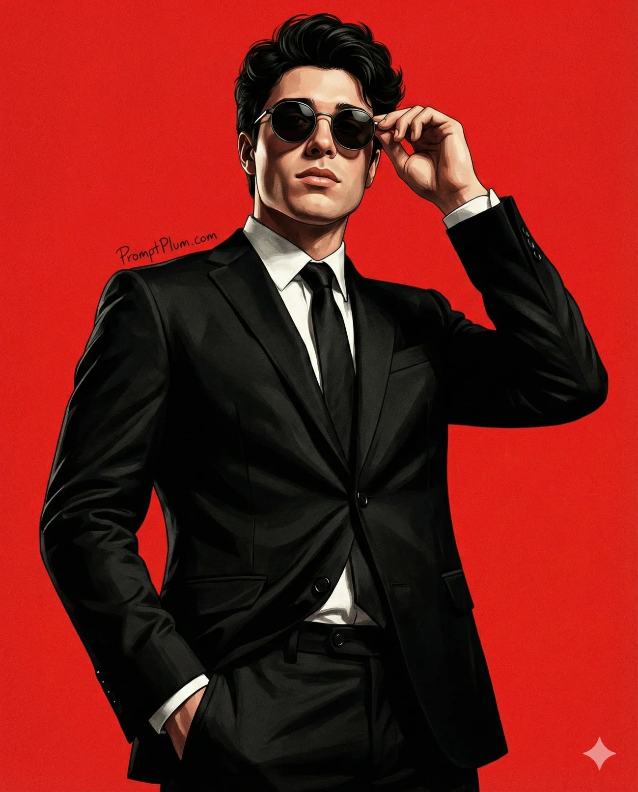 Man in a black suit and sunglasses posing confidently against a vivid red background