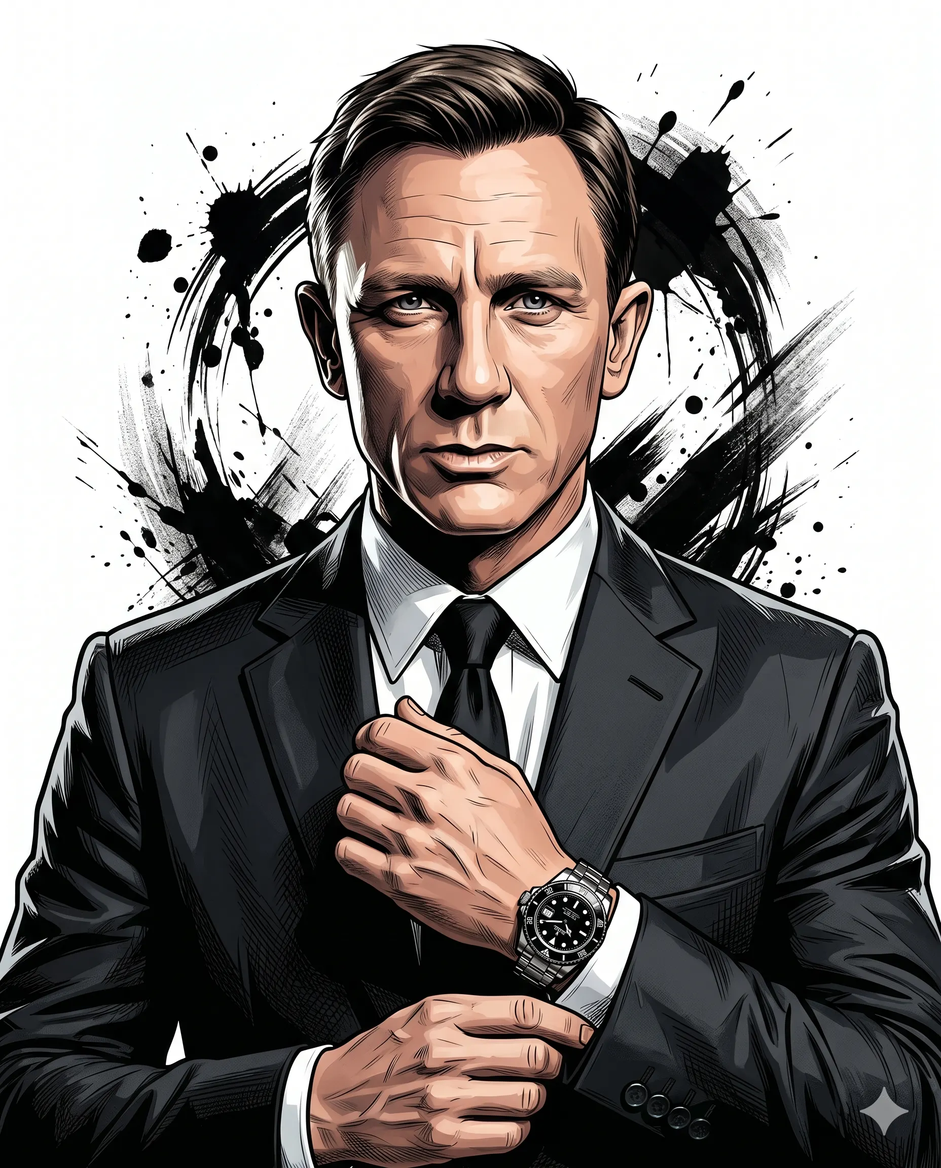Graphic illustration of a stern man in a black suit adjusting his jacket and wristwatch