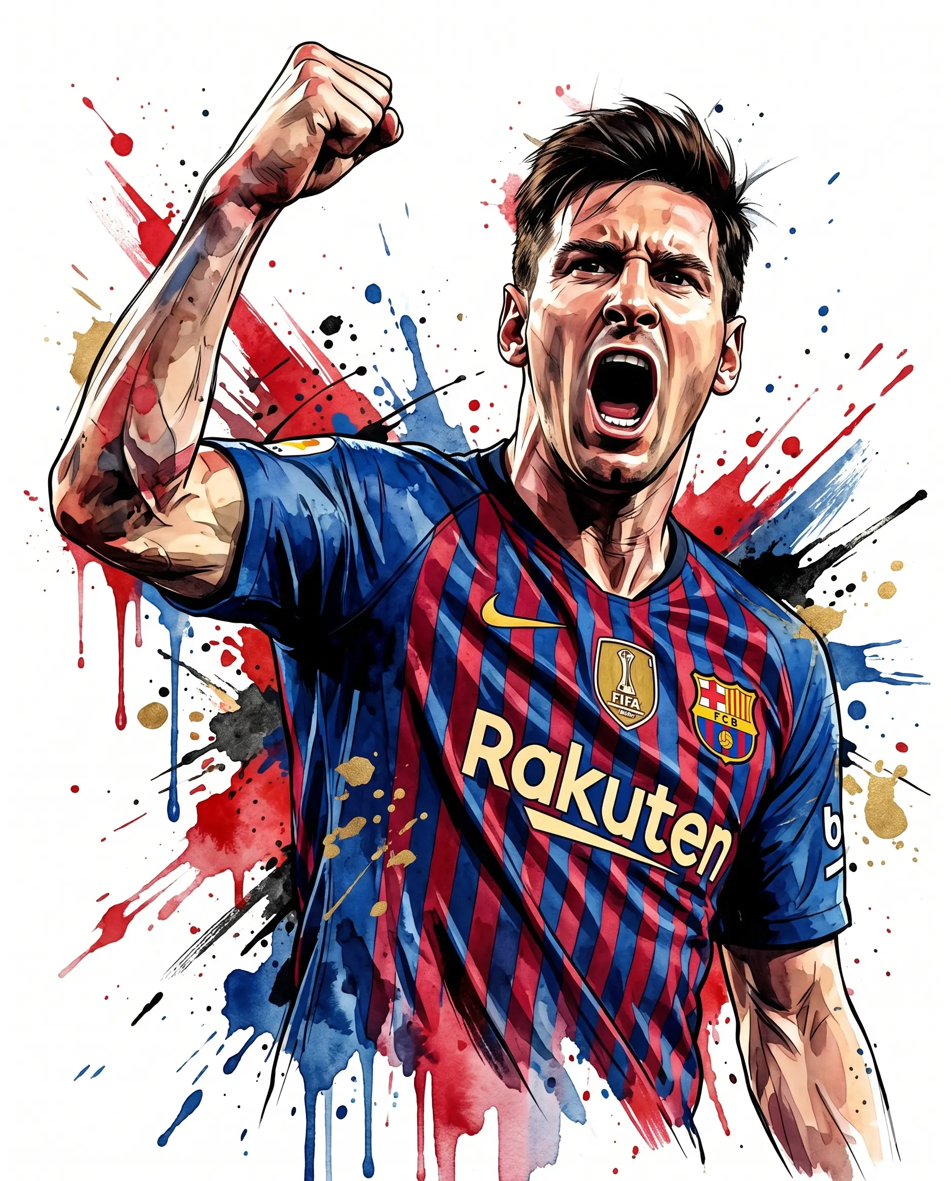 Paint-splashed illustration of a football player in a blue-and-red jersey celebrating with a raised fist