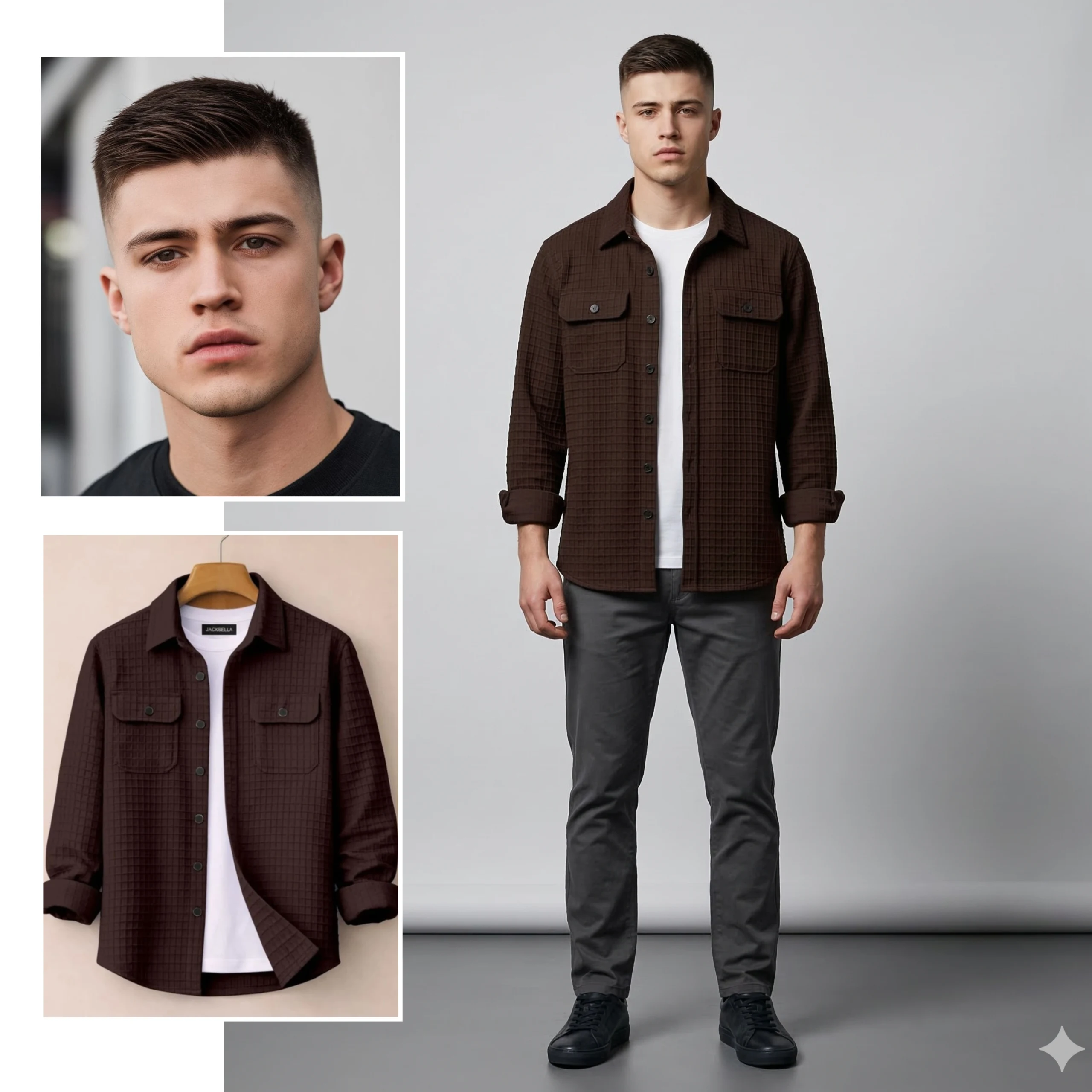 Fashion composite showing a male model alongside a brown overshirt, black trousers, and layered outfit pieces