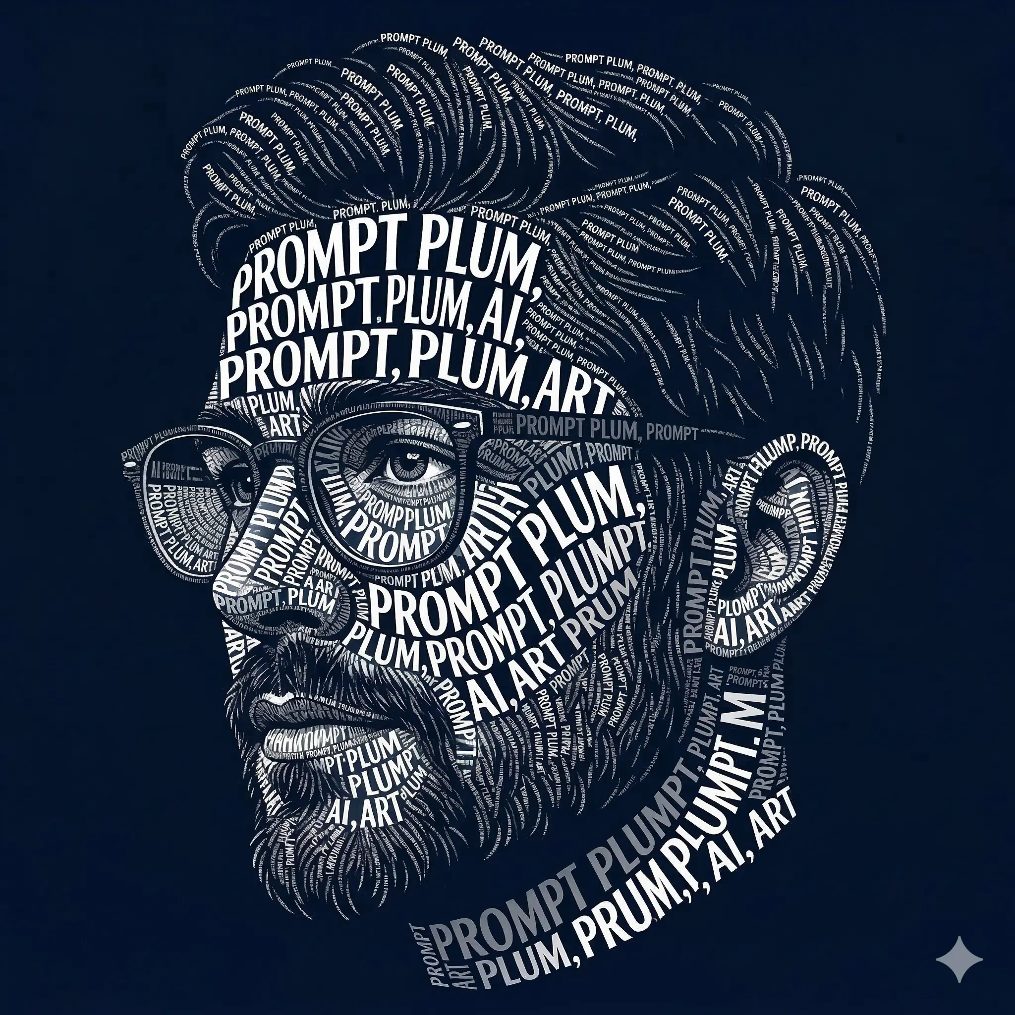 Male side profile constructed from dense white typography and line art on a dark navy background