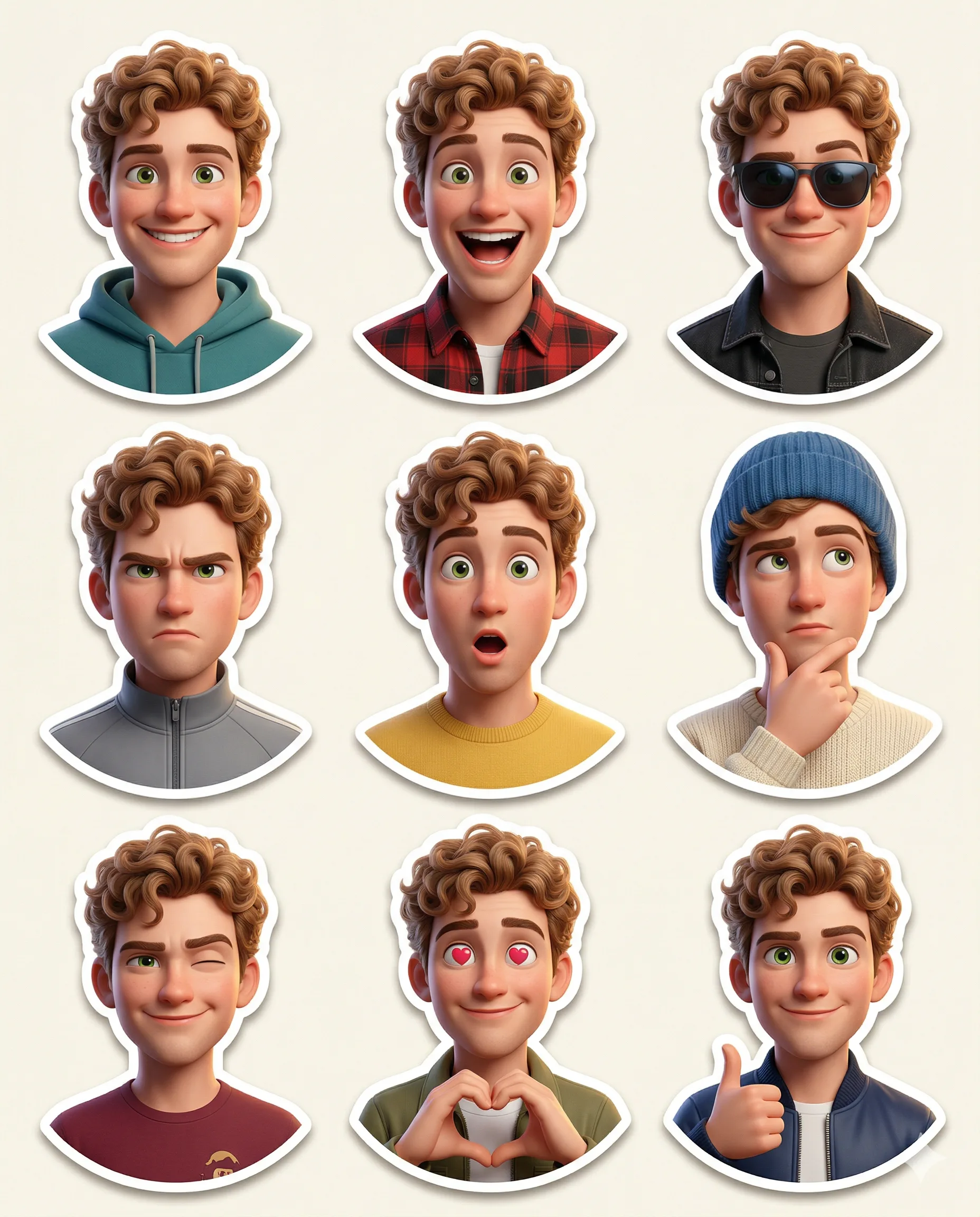 Nine circular animated male portraits showing different hairstyles, accessories, and facial expressions