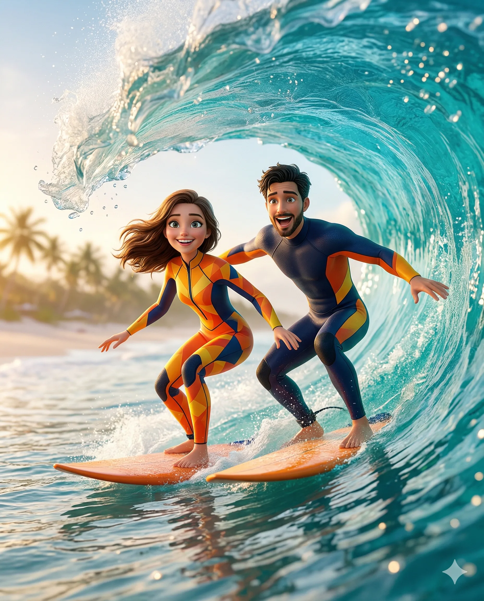 Animated man and woman riding surfboards together inside a bright turquoise wave barrel