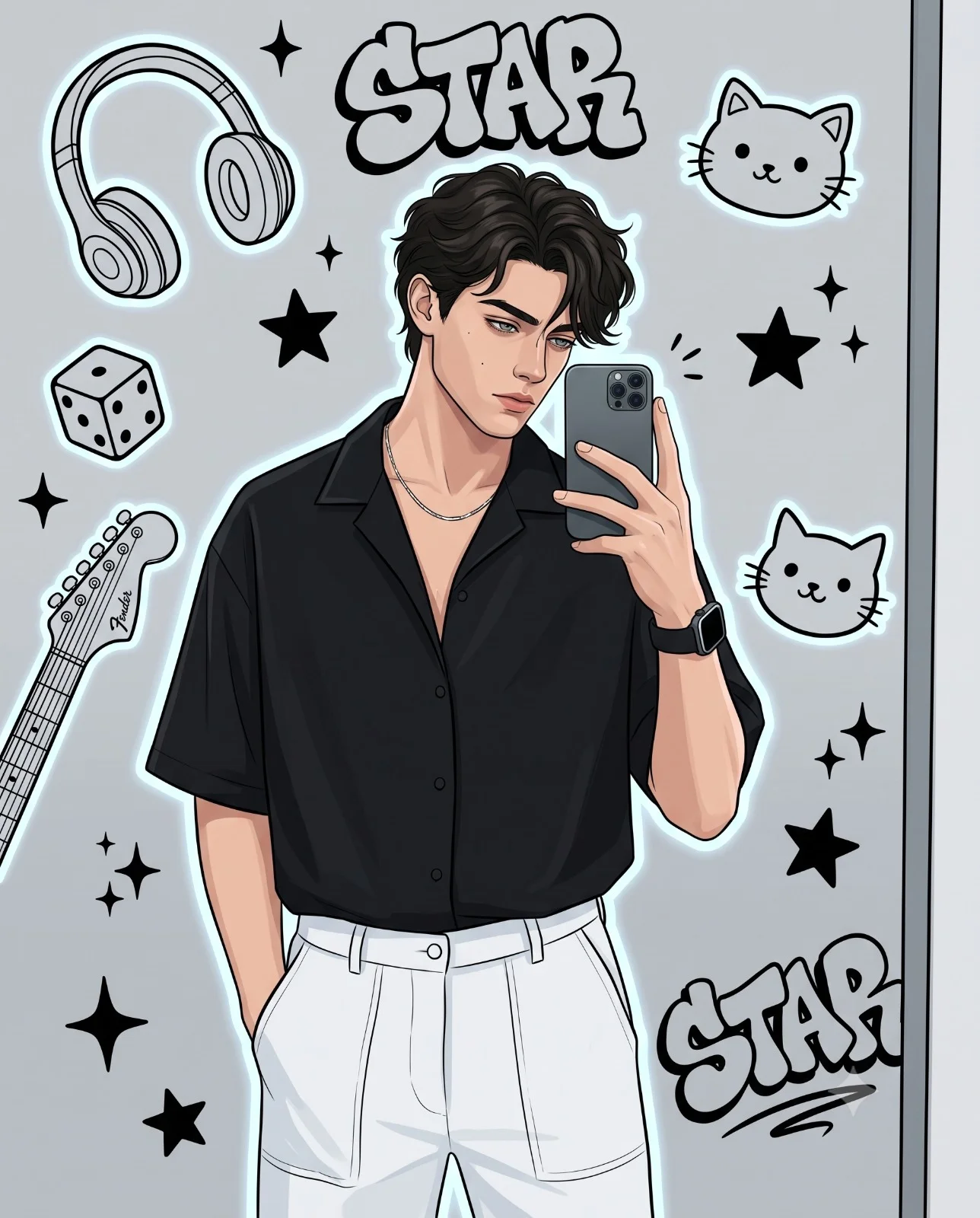 Anime-style man in a black shirt taking a phone selfie against a playful black-and-white doodle background